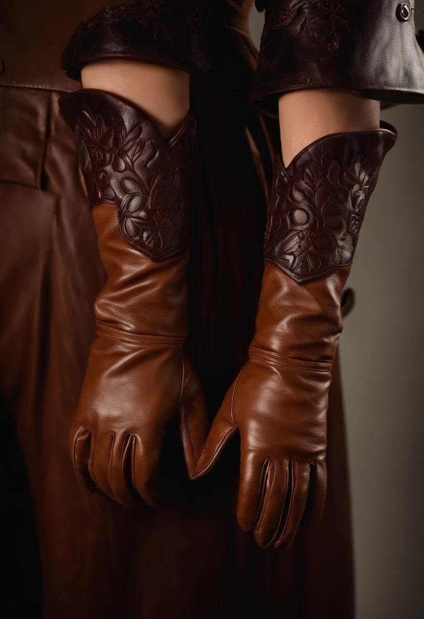brown leather gloves, focus on gloves