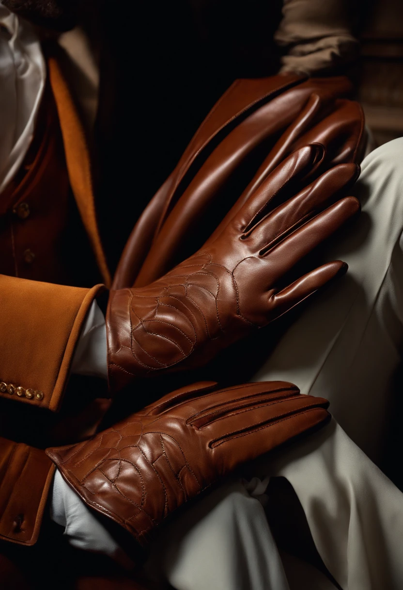 brown leather gloves, focus on gloves
