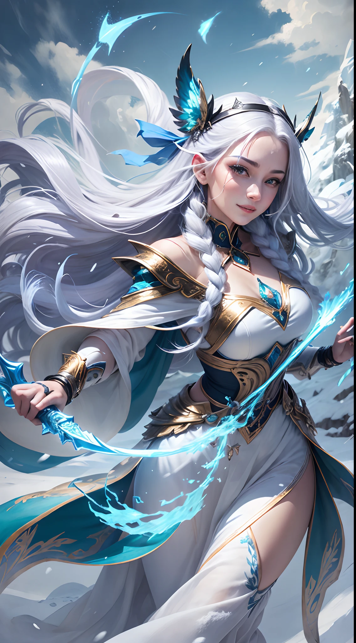 The Sword of the Snowy Mountain, Ancient Wind Woman Ice Flame Sword, Armed with the Blue Flame Burning Sword, The long hair flowing in the snow, dancing swords in white, Beautiful woman holding a silver long sword, Wear jade jewelry, Her face was full of confident smiles, She levitates in the clouds like a fairy, Behind her is a mountain