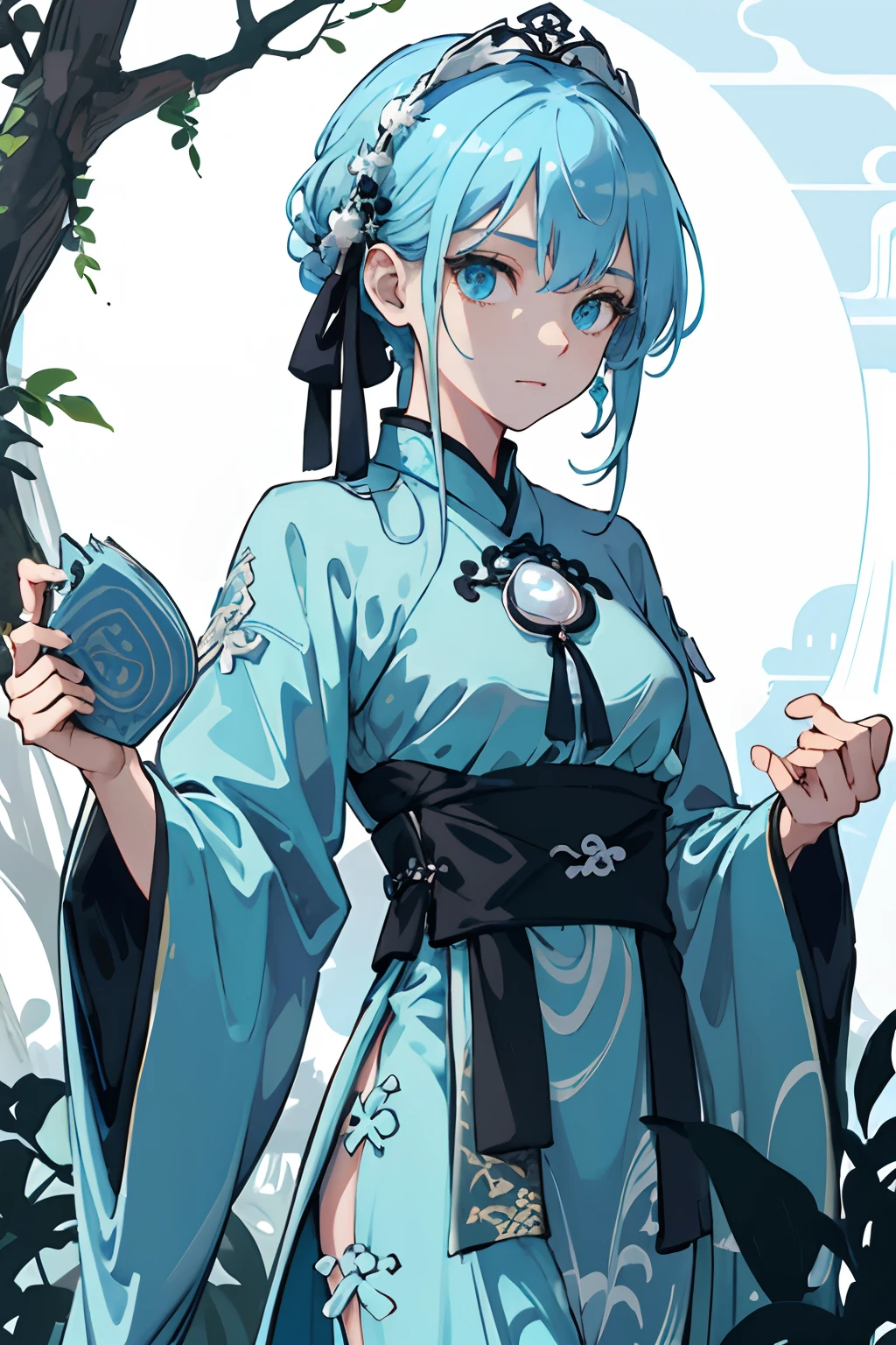 (masuter piece,Best Quality,Ultra-detailed),1girl in,Dagger decoration, intricate damask hanfu,Luxury Accessories,Pearl Earlin, Enchanted forest with hidden wizard's huts,lightblue hair