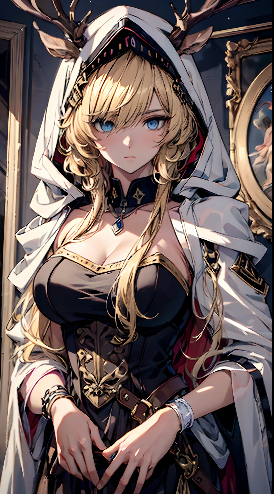 (best quality, 4k, 8k, High resolution, Masterpiece:1.2), very detailed, noble young woman, exquisite face,Showing details of long blonde curly hair., elegant posture, Dreamy atmosphere, Brush strokes that express emotion, Mysterious atmosphere, Artistic interpretation,Roll your hair neatly.,Floral ornaments with exquisite details, crystal diamond jewelry,small fresh aesthetics,Amazingly intricate costumes, Fantasy Illustration, Delicate colors and tones, Details have been upgraded.,Comfortable pose