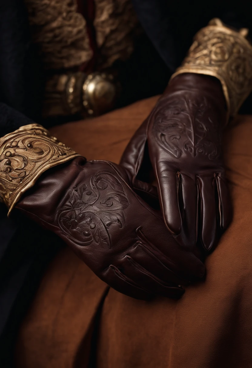 medieval brown leather gloves, focus on gloves