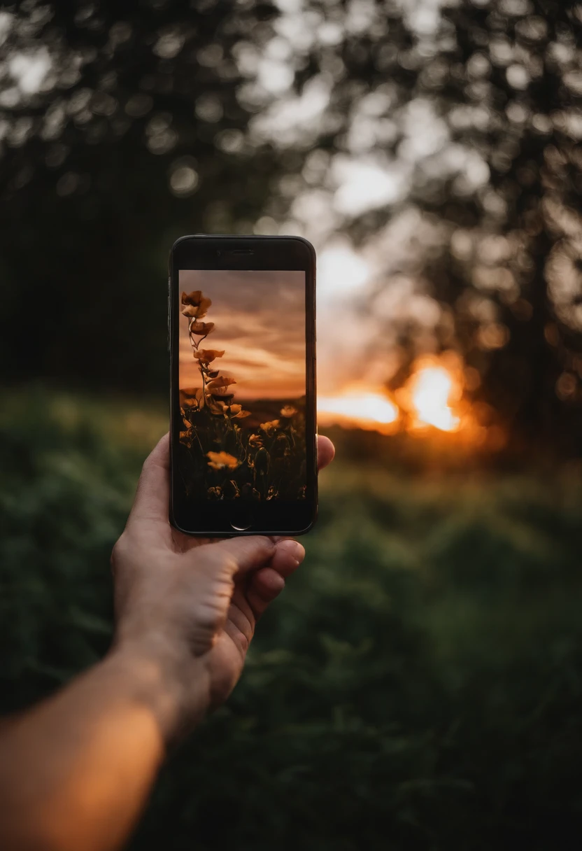 A close-up shot of a hand holding an iPhone, displaying a sunset, in the style of made of flowers, dutch and flemish, mist, webcam photography, vibrant airy scenes, iconic, ferrania p30