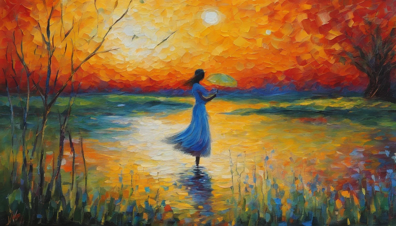 Monet's Pond、The dim、（Fish jump out of the water，Colors are eye-catching)），sharp、、View of the Milky Way from the horizon、（On the shore、Silhouette of girl in small white dress)