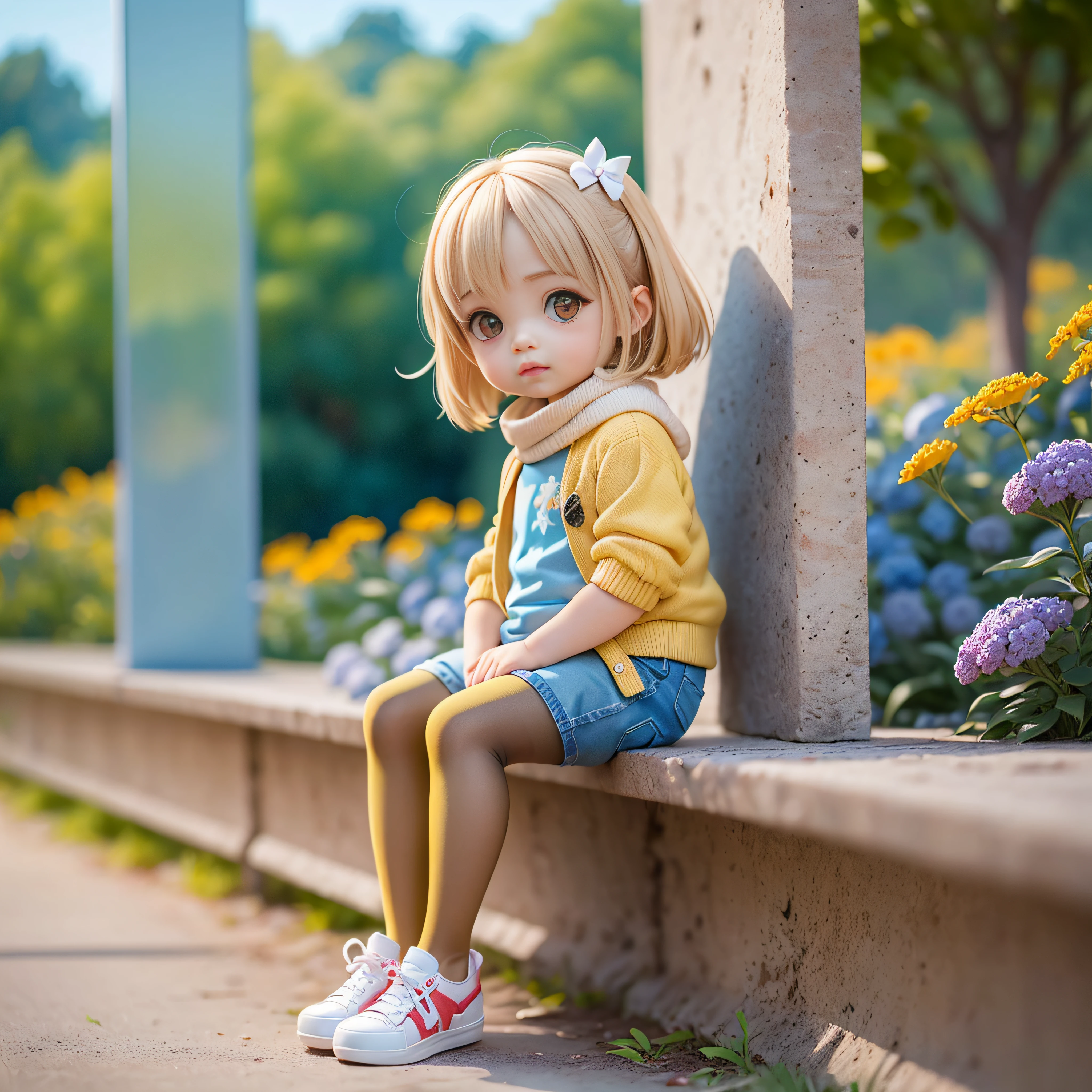 Cute Baby Chibi Anime,Beige hair,(White turtle knit:1.1),(Blue Denim Shorts:1.1)with the(Yellow pantyhose:1.2),florals,Royal Botanic Gardens,White String Sneakers