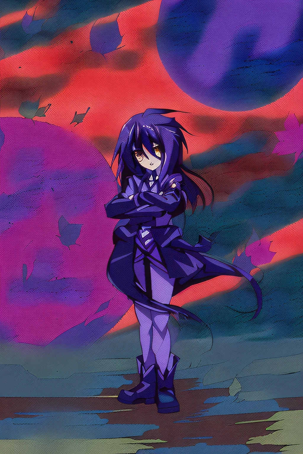 Anime girl standing in front of colorful background in purple costume, inspired by Ib Eisner, 2 d anime style, Anime Stylization, zerochan art, anime moe art style, unknown artstyle, ufotable art style, Mysterious girl, gapmoe yandere grimdark, inspired by Yamagata Hiro, style of anime》, zerochan, anime art style