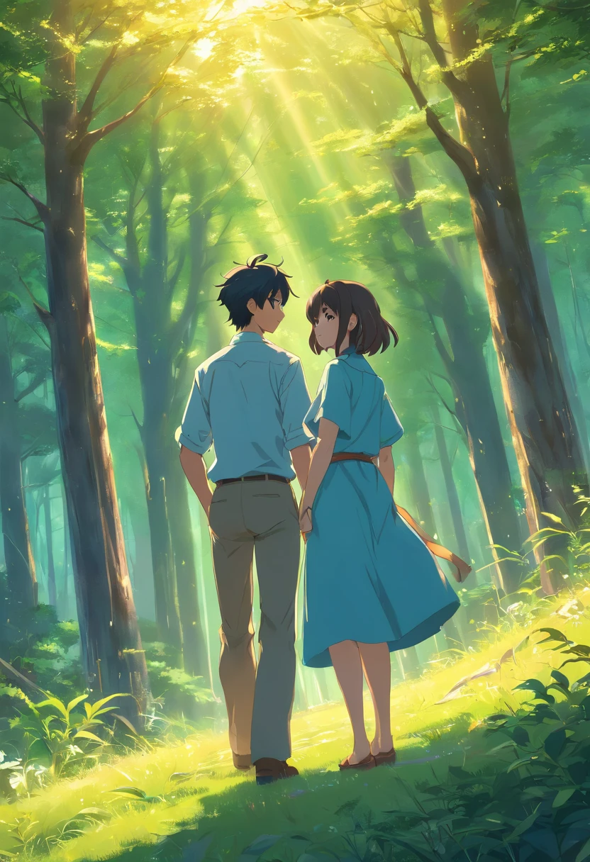 man and woman. courtship, intimate, Uniform Wizard. Mysterious forests. renderizações hiperdetalhadas, style of anime, 8K, 詳細な目, perfect eyes, Epic, Dramatic, That is great, s whole body, Intricate design and details, dramatic lighting, 8K, Detailed Face, Romance
