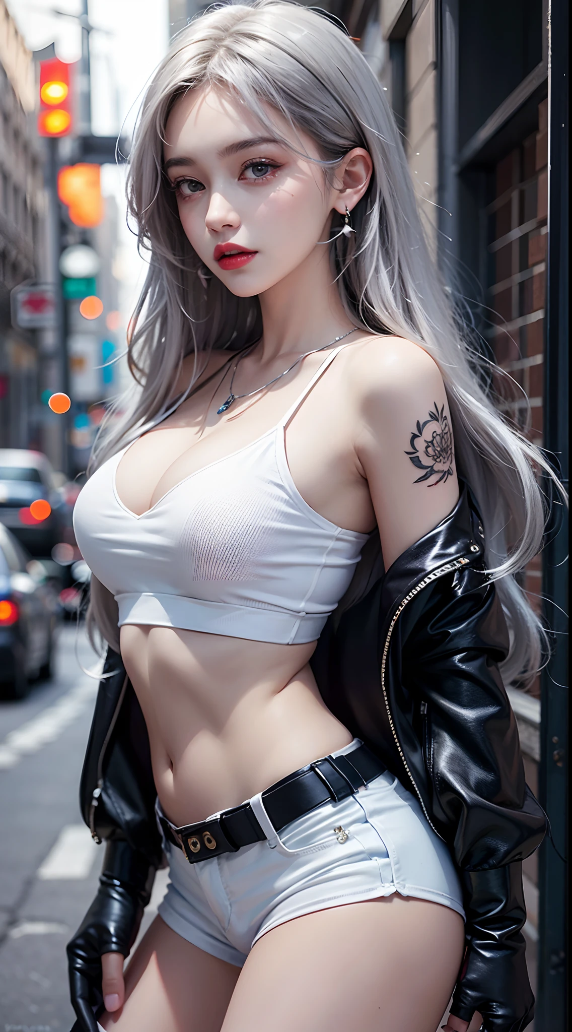photorealistic, high resolution, 1women, solo, hips up, look at viewer, (detailed face), white hair, black business suit, mafia, tattoo, jewelry