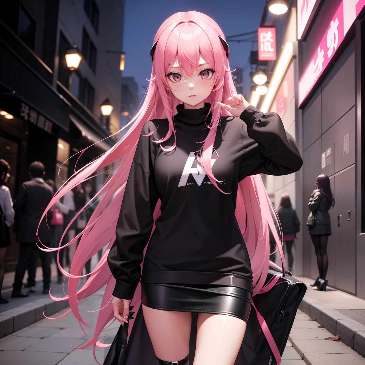 Leader of the Runaway Bad Girl, Long Black Jumper, a cool、a miniskirt, Long pink hair, Looking at the viewer, Front view,
