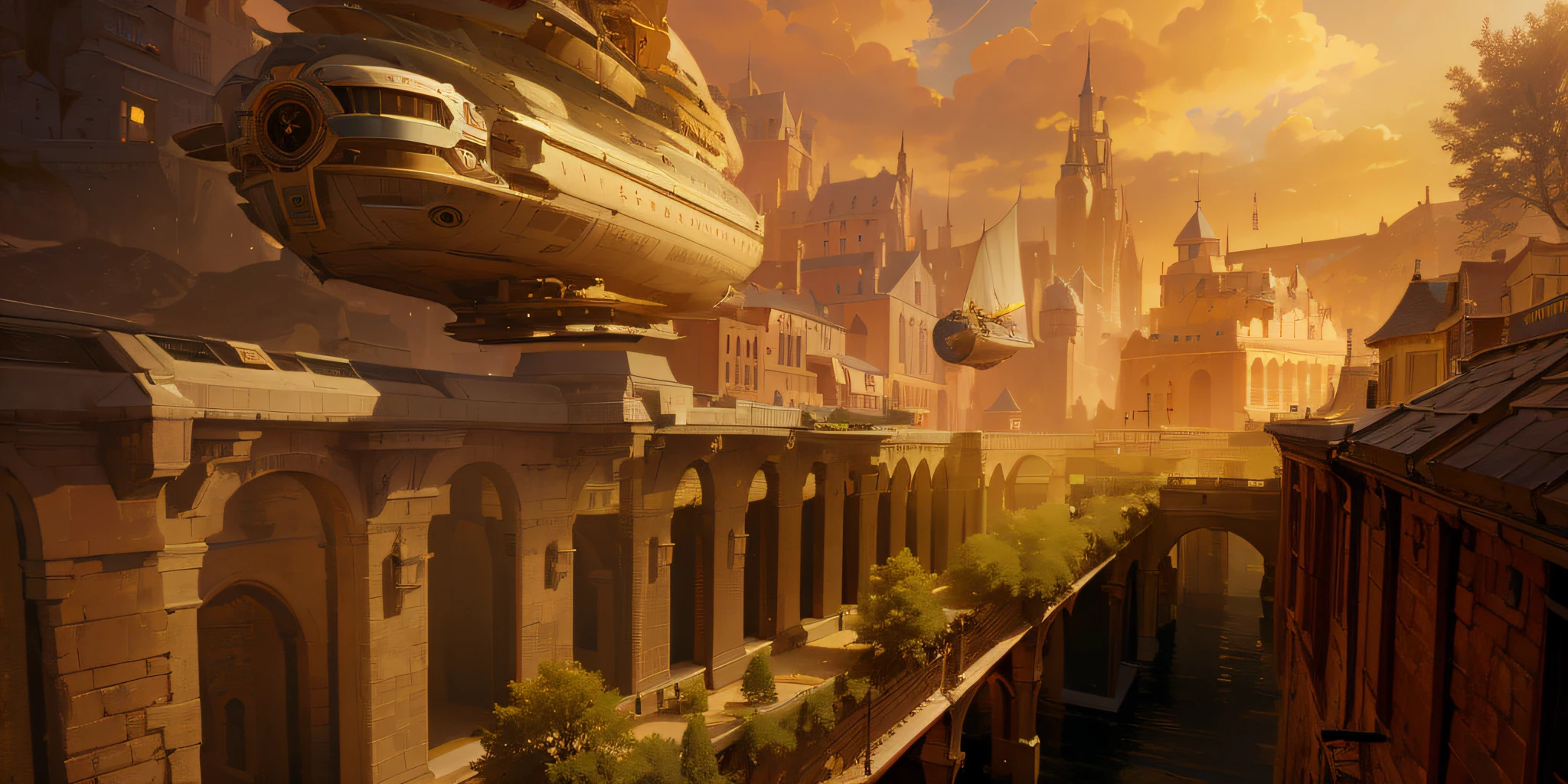 spaceship flying over a city with a castle in the background, golden steampunk city atmosphere, inspired by Marc Simonetti, inspired by Stephan Martinière, art style of marc simonetti, inspired by Stephan Martiniere, inspired by Raphael Lacoste, marc simonetti. intricate, style of marc simonetti, concept art stunning atmosphere
