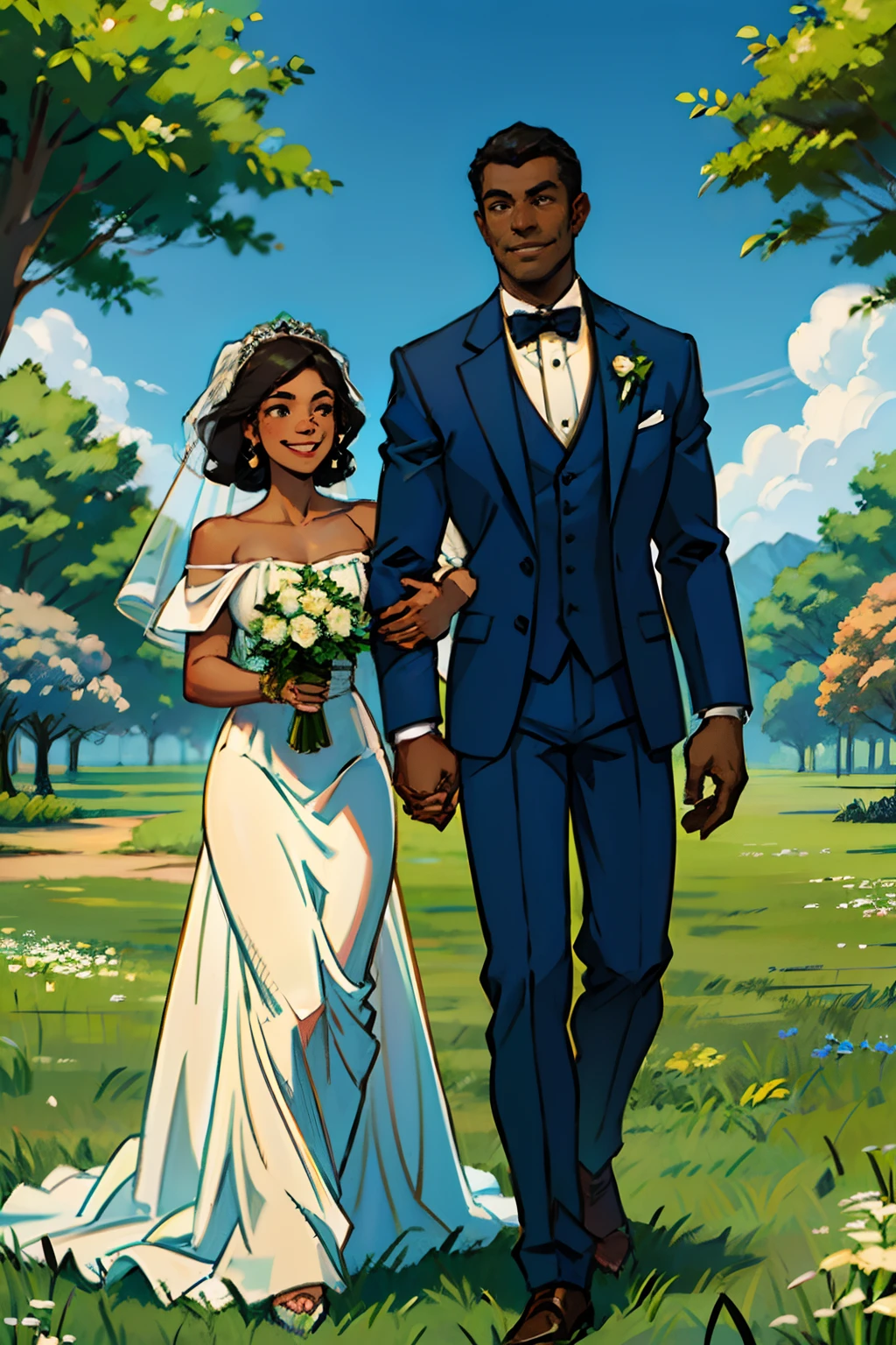 A smiling dark skinned man wearing a tuxedo, and a dark skinned woman wearing a wedding dress, in an open field, holding hands, side by side at their wedding, background summer grass, mood is temperate, compliant, daytime light, character design.