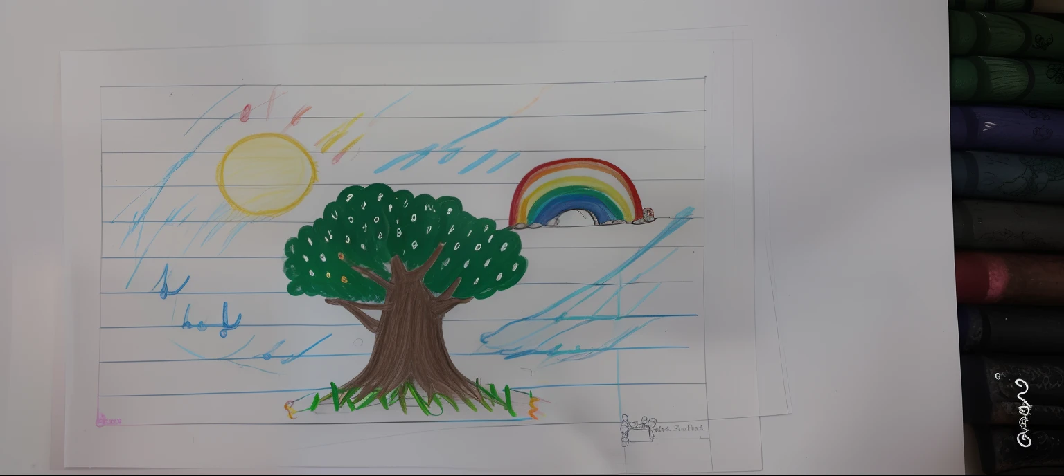 a close up of a child's drawing of a tree and a rainbow, kid's drawing, a child's drawing, child's drawing, 7 year old crayon drawing, childs drawing, childrens drawing, colored drawing, based on child's drawing, children's artwork, rainbows in the background, children's drawing, children’s drawing, color drawing, crayons on paper