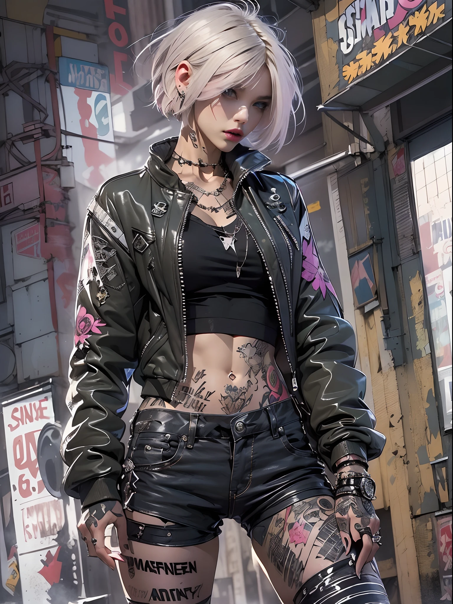 (((of the highest quality: 1.4))),(unparalleled masterpiece ever), (Ultra high definition),(Ultra-realistic 8K CG), offcial art、 (((adult body))), (((1girl in))), ((( Bob Shorthair ))), Punk girl with a perfect body, Jacket with metal spines,Beautiful and well-groomed face,,Detailed punk fashion,leather jackets, (Image from head to thigh),(( White Blonde Bob Shorthair )), Small leather panties,( Simon Bisley's urban savage style),Detailed street background of London,Clean abs, Complex graphics, dark pink with white stars and gray and white stripes,,, (( Many poisonous tattoos )), piercings,