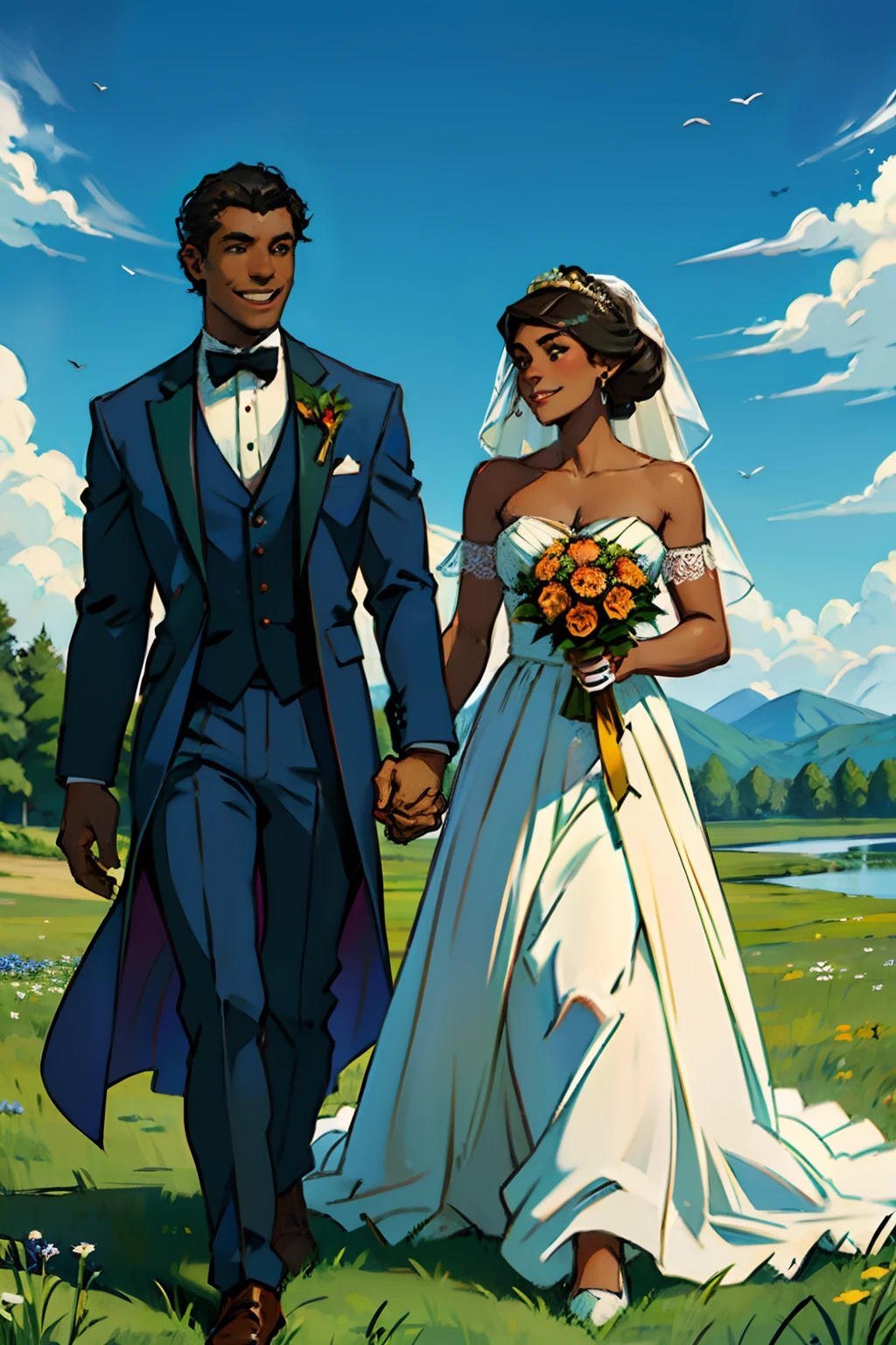 A smiling dark skinned man wearing a tuxedo, and a dark skinned woman wearing a wedding dress, in an open field, holding hands, side by side at their wedding, background summer grass, mood is temperate, compliant, daytime light, character design.