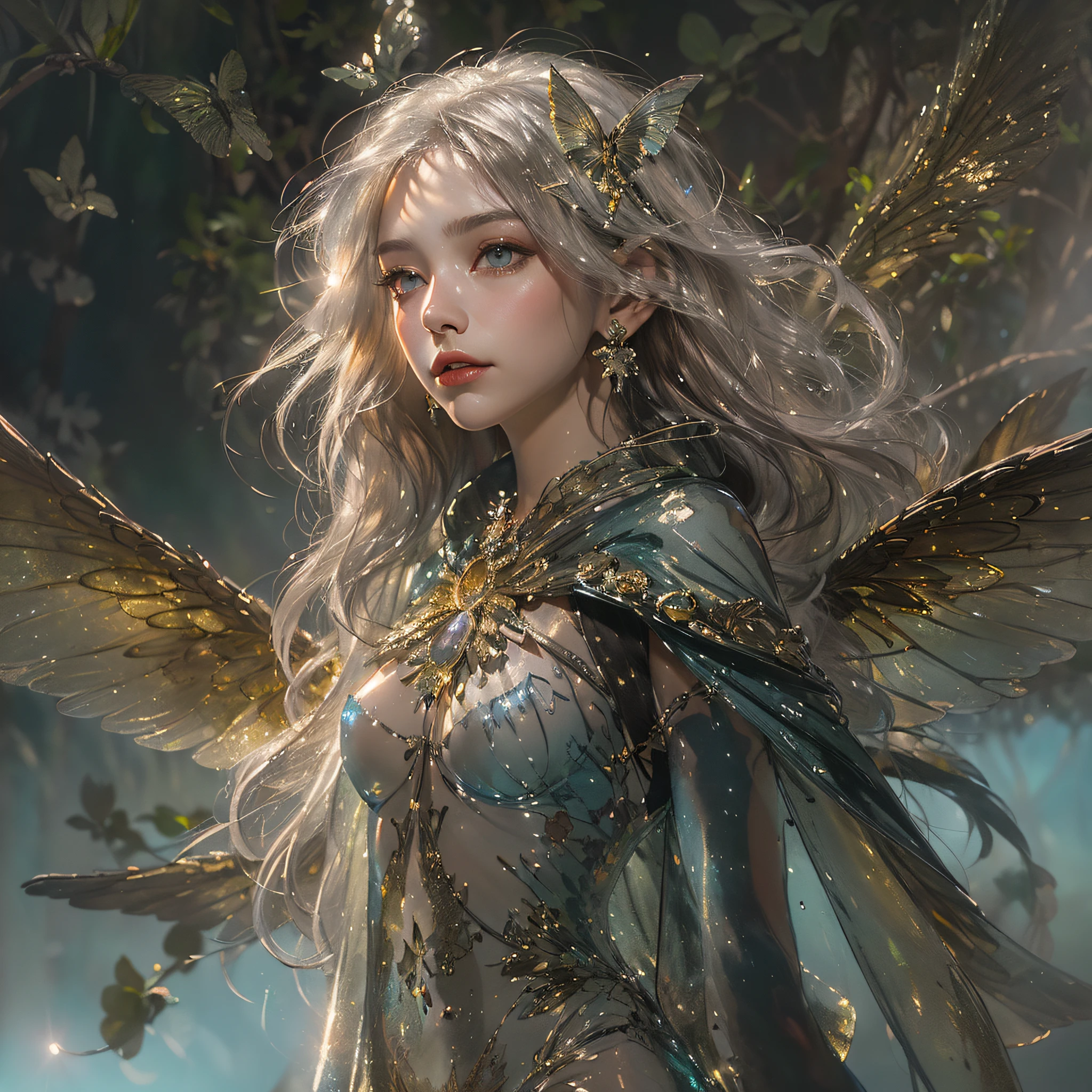 (number々Award-winning masterpieces of, with incredible detail, textures and maximum detail), (full-body standing image:1.8), (Upper Body Up:0.3), (Hyper realistic:1.4), (Realistic:1.3), (Top quality real texture skins), (Beautiful fairy high-ranking wizard: 1.7), (Exquisitely decorated、Has a long wizard wand that emits a mysterious light: 1.7), (Fine true circle symmetrical eyes), (Beautiful face drawn in detail), ((medieval world)), (Wearing a wizard's black hat: 1.6), (Jet black cloak with delicate decoration: 1.6), (Delicately decorated cloak, Although damaged and faded: 1.5), (full-body standing image:1.8), (Beautiful clear eyes), (slight smile), (Beautiful colored eyes full of joy), (An advanced fairy wizard who unleashes magic from his fingertips: 1.3), (Shining majestic cloud masses and sky:1.4), (Magic circle that glows strongly: 1.3), Dramatic light, A majestic sight, (There are four large transparent wings of dragonflies behind the shoulders: 1.7), (((Folded wings))), Glass earrings on the ears, (((dramatic photography))), (full-body standing image:1.8), (Golden hair), (Silver hair), (Chestnut hair), short cut hair, ((looks up)), ((Looking down)), (Around her neck is a simple necklace of exquisite workmanship), Old ruins infested with plants, great temple, great cathedral, temple ruins, detached temple, (Luminous magic circle), Ruins of an ancient castle, Deserted ruins, crumbling ruins, Ancient ruins with clear water, Highly detailed, Ultra-realistic, Intricate details, Painting (The artwork), ((masutepiece,Best Quality)), ((Cinematic Light)), Hyper realistic, vhorrified, Dark Fantasy, Holy Light, Epic Realistic, Faded, ((Neutral colors)), Art Book, (nffsw:1.5), (Muted colors:1.2), Hyper Detailed, (Art Station:1.5), Cinematic, Warm lights, light effect, Dramatic light, (Intricate details:1.1), Complex background, (Greg Rutkowski:0.8), (teal and orange:0.4),