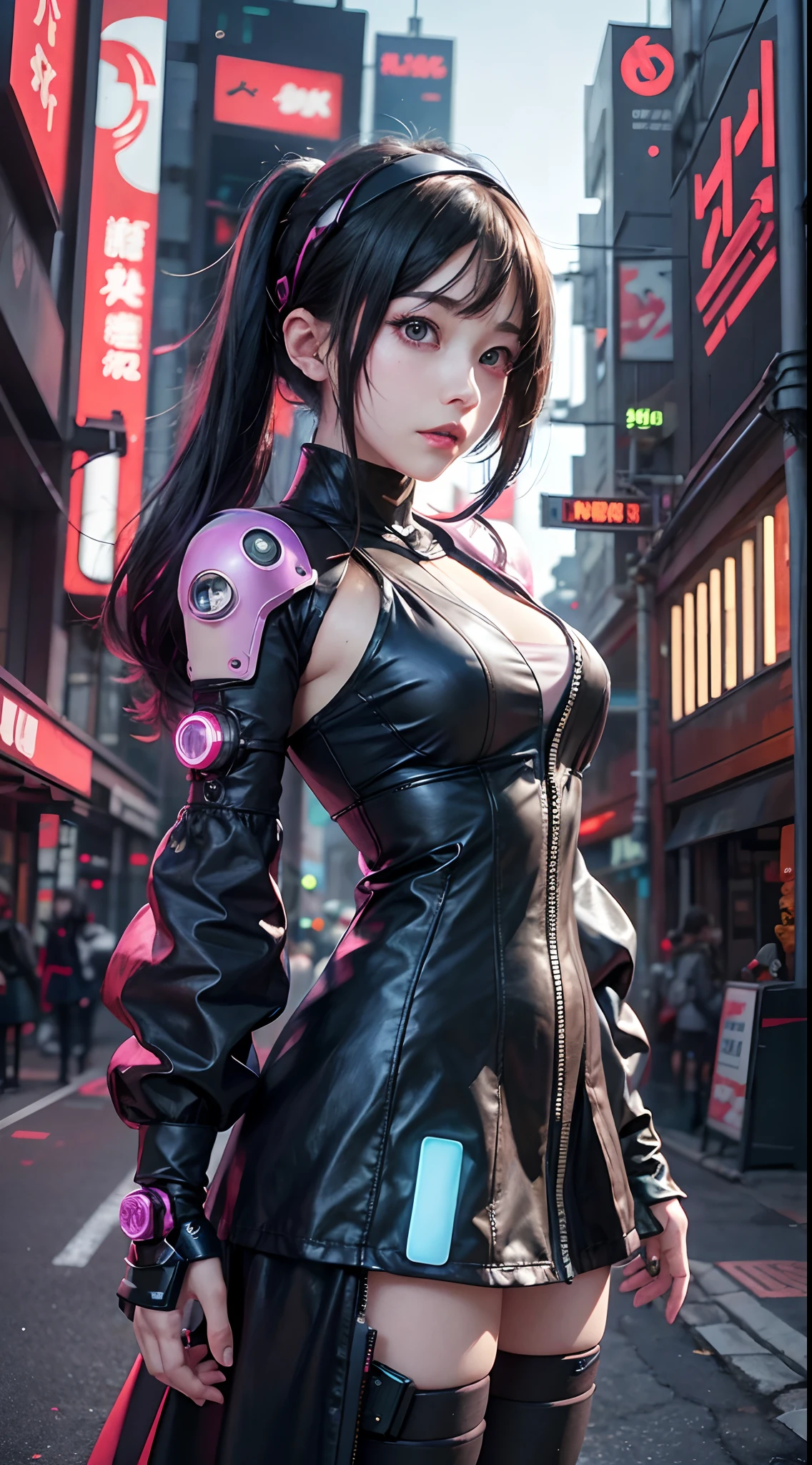 hyperrealistic close-up portrait photograph of Japanese cyberpunk nekomata catgirl in a crowded Japanese street, wearing combat armor, geisha makeup and hairstyle, (((dynamic pose))), insane details, detailed designs, glowing colorful circuitry, colorful neon trim, cinematic lighting, rim lighting, f/2.8, art by H.R. Giger, Greg Rutowski