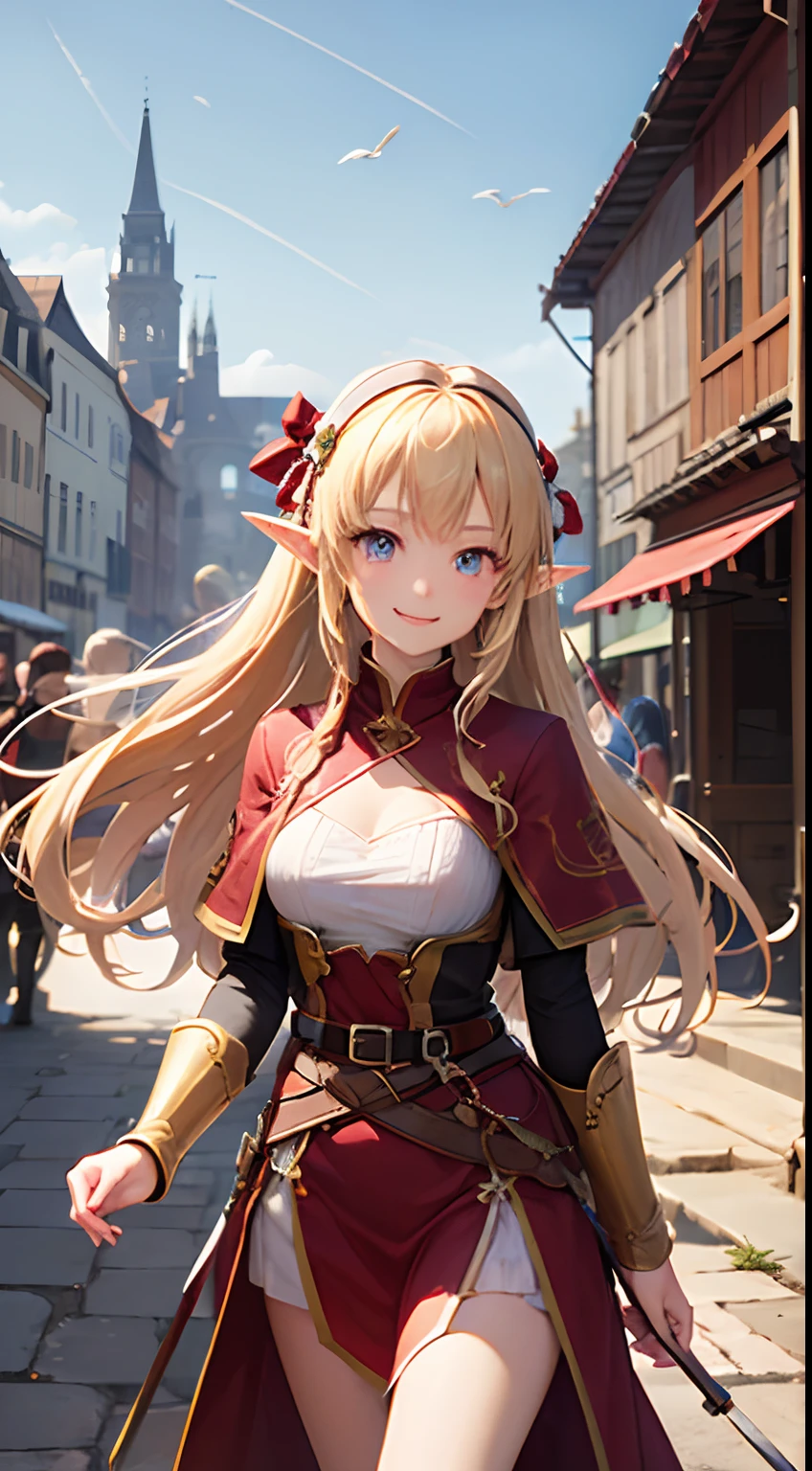 masterpiece、top-quality、 超A high resolution、(Blonde long-haired elf archer、Purple eyes、Smiling smile、Revealing clothing、Have a bow)、Western-style architecture、Walk through the streets of medieval fantasy