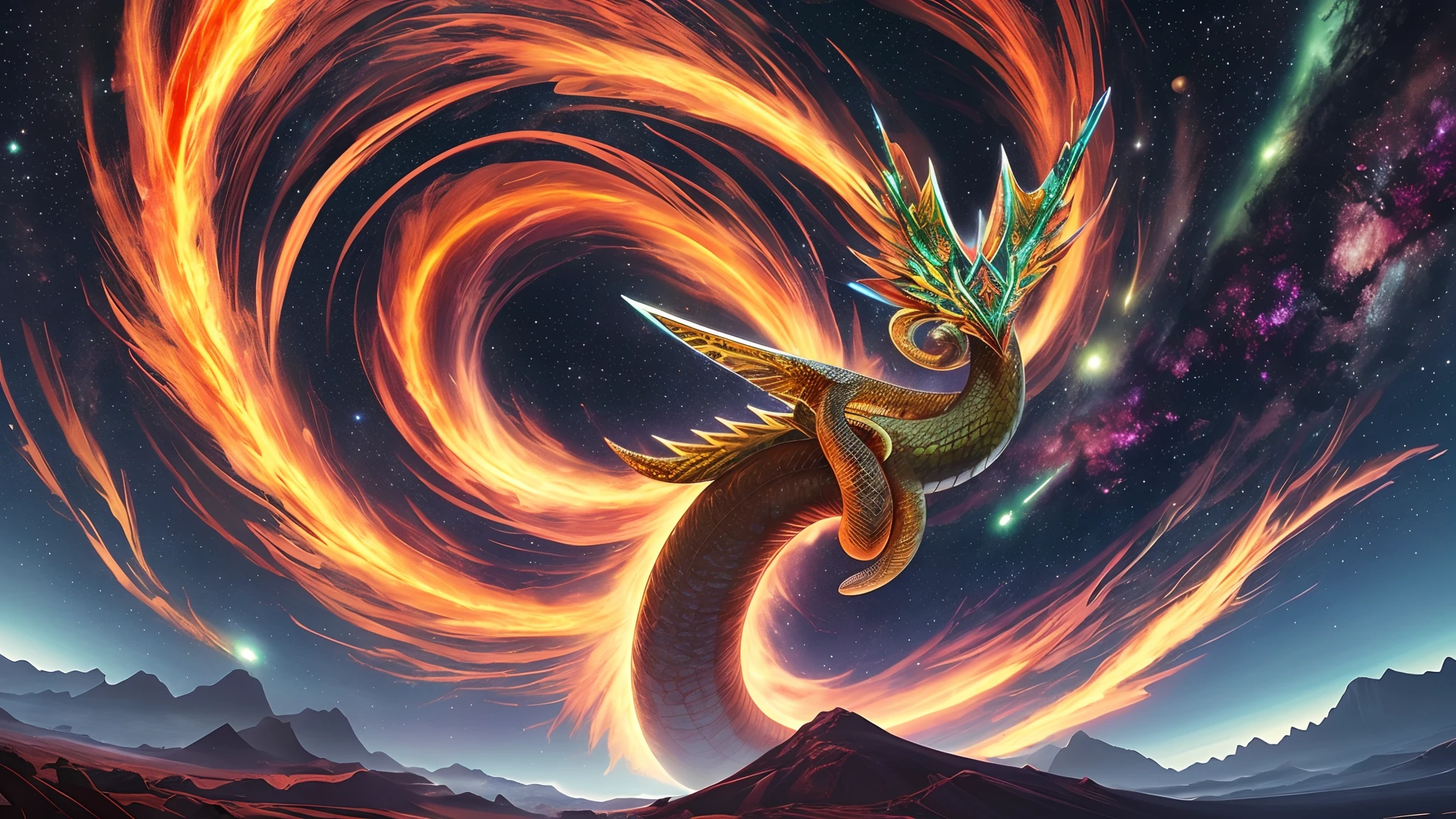 In a dimension where stars collide, the legendary Orochi serpent emerges as an embodiment of celestial fury. Its body is a symphony of radiant colors, mirroring the birth of stars. Its eyes blaze with cosmic fire, and tendrils of energy arc around its form like ethereal lightning. The serpent's presence commands both awe and fear, as it harnesses the power of the cosmos itself, Amidst a cosmic maelstrom, where galaxies spiral and stars explode, the serpent reigns supreme, Epic, cataclysmic, and transcendent, evoking the power of celestial forces.Style: Ultra-realistic digital painting with intricate details and a dynamic interplay of colors.Execution: Rendered in a hyper-realistic style, using advanced digital techniques to capture the complex interstellar environment and the serpent's celestial energy, --auto --s2
