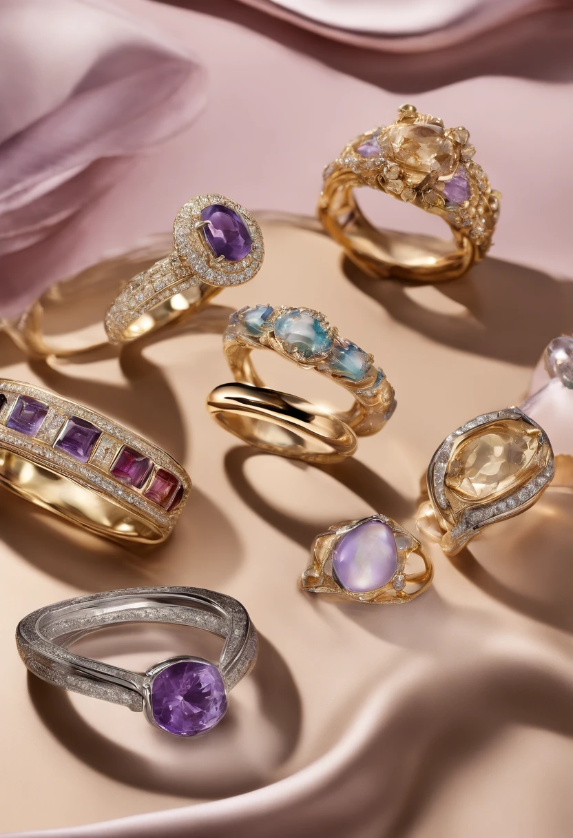 Close-up of rings and rings displayed on table, jewelry photography, gemstones and gold, embedded with gemstones, Golden ratio jewelry candy, bvlgari jewelry, steins、Glass and gold, chaumet, Gold and precious stones, chaumet style, amethyst citrine opal, amethyst citrine opal, gold and purple, gemstones and gold, Amber jewelry