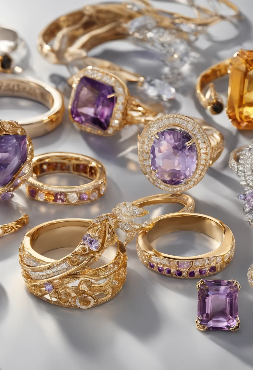 Close-up of rings and rings displayed on table, jewelry photography, gemstones and gold, embedded with gemstones, Golden ratio jewelry candy, bvlgari jewelry, steins、Glass and gold, chaumet, Gold and precious stones, chaumet style, amethyst citrine opal, amethyst citrine opal, gold and purple, gemstones and gold, Amber jewelry