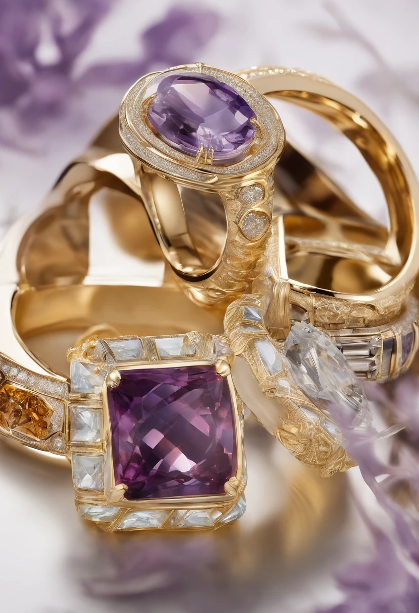 Close-up of rings and rings displayed on table, jewelry photography, gemstones and gold, embedded with gemstones, Golden ratio jewelry candy, bvlgari jewelry, steins、Glass and gold, chaumet, Gold and precious stones, chaumet style, amethyst citrine opal, amethyst citrine opal, gold and purple, gemstones and gold, Amber jewelry