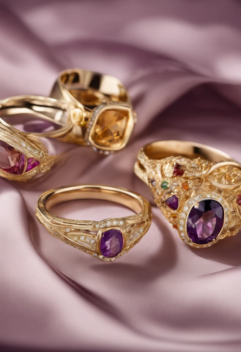 Close-up of rings and rings displayed on table, jewelry photography, gemstones and gold, embedded with gemstones, Golden ratio jewelry candy, bvlgari jewelry, steins、Glass and gold, chaumet, Gold and precious stones, chaumet style, amethyst citrine opal, amethyst citrine opal, gold and purple, gemstones and gold, Amber jewelry