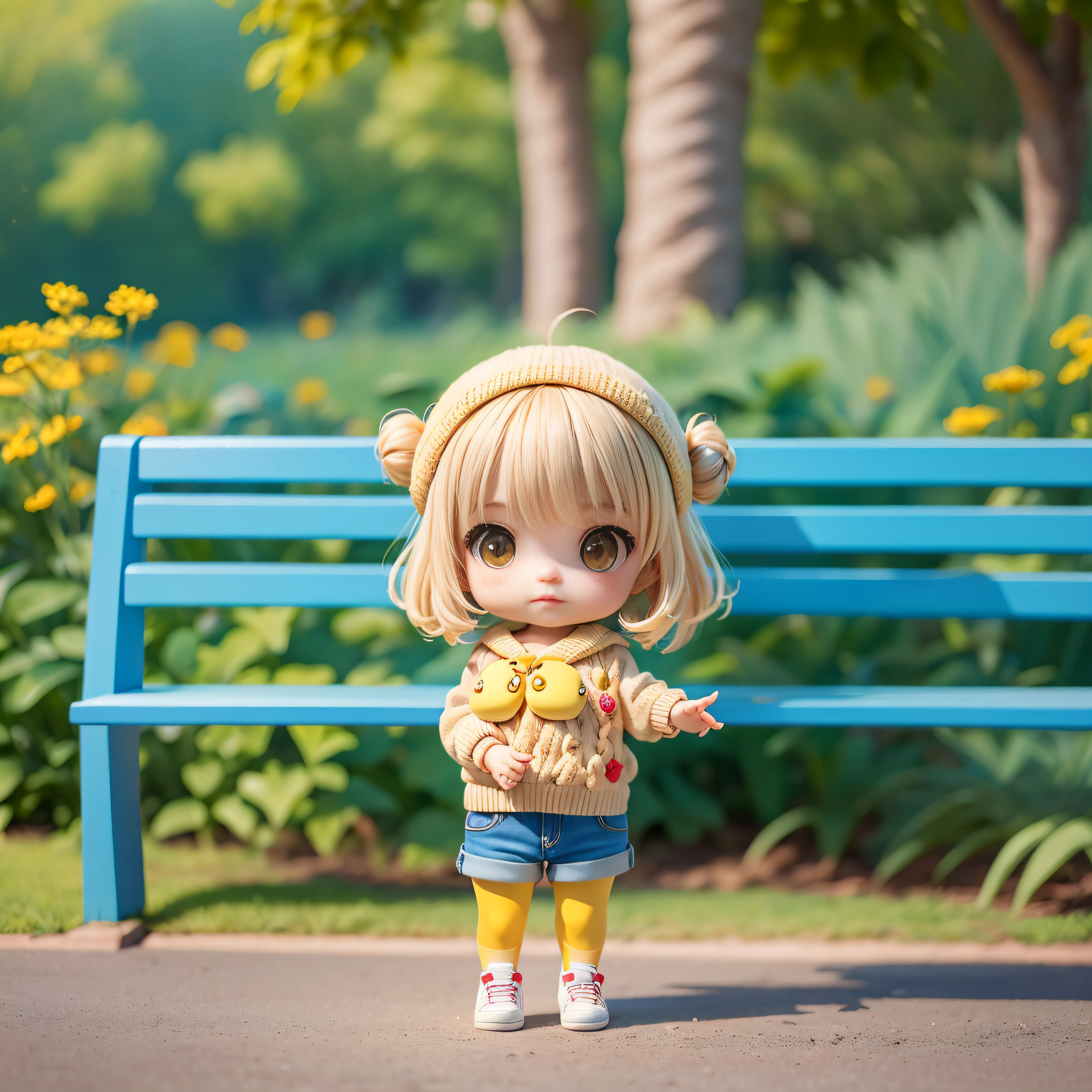 Cute Chibi Anime,Beige hair,White knitwear,(Blue Denim Shorts:1.1)with the(Yellow pantyhose:1.2),florals,Royal Botanic Gardens,White sneakers.