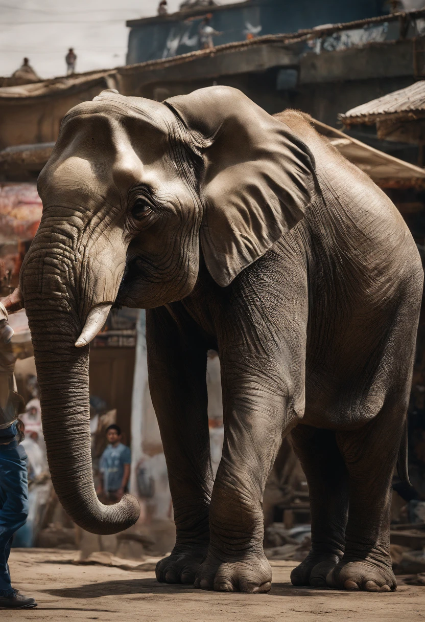 Homem levantando um elefante, malabarismo.