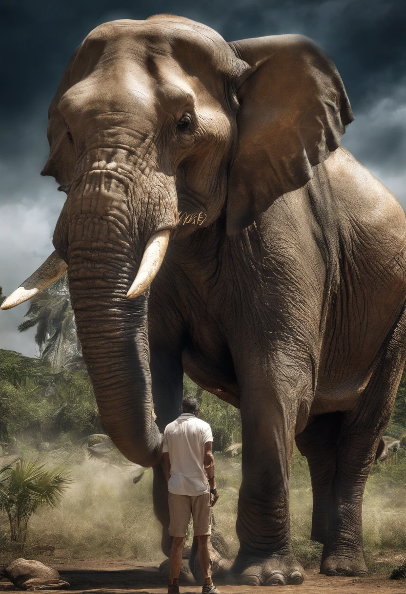 Homem levantando um elefante, malabarismo.
