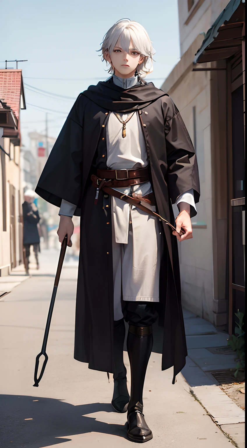 ​masterpiece、top-quality、 超A high resolution、man with white hair、（Brown eyes、tired expression、Wearing a loose gray robe、In his hand he has a cane as long as his height）、Western-style architecture、Walk through the streets of medieval fantasy