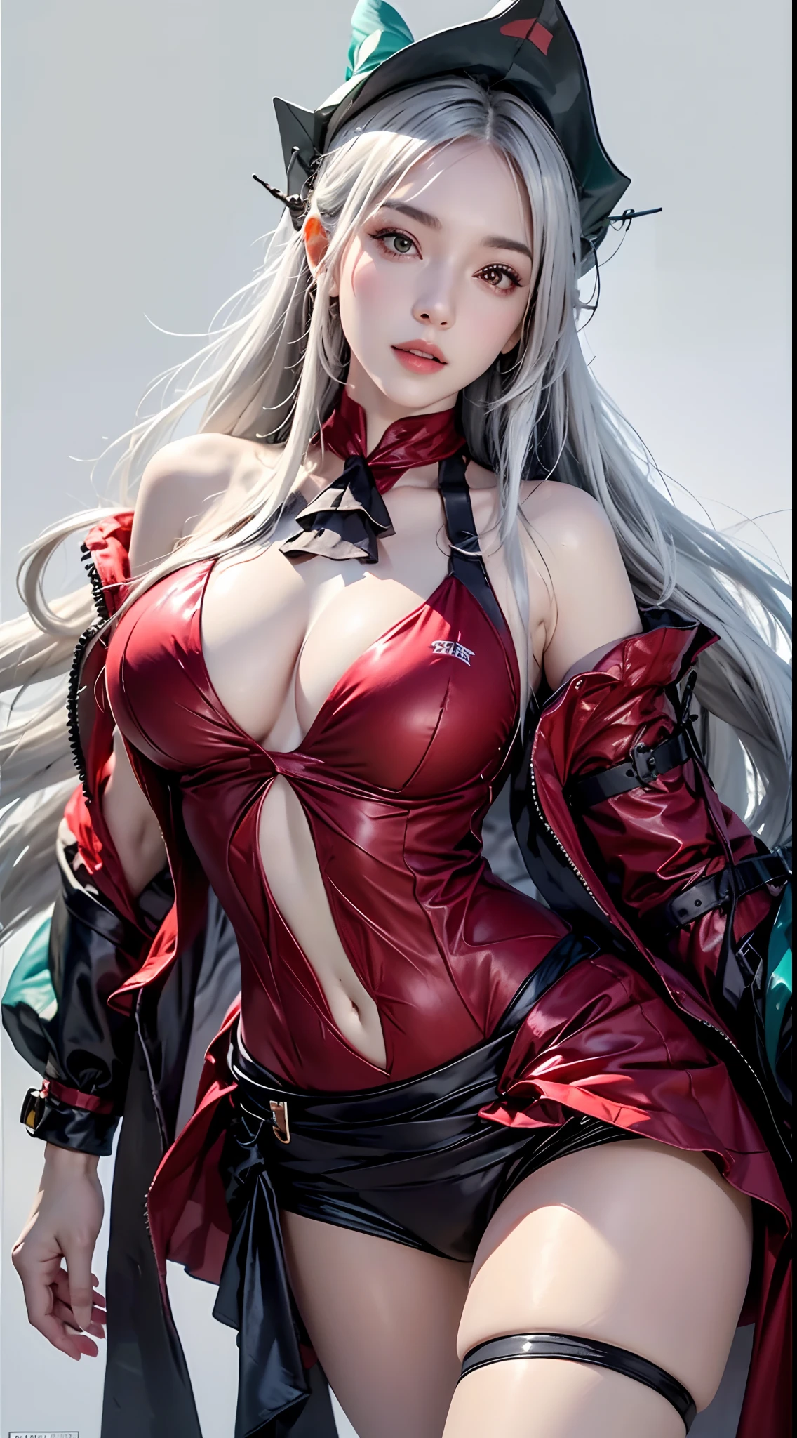 photorealistic, high resolution, 1women, mature female, solo, hips up, skadiCH hairstyle, outfit-skadiCH, long hair, breasts, red eyes, thighs, hat, bangs, very long hair, white background, parted lips, grey hair, aqua headwear, large breasts, beach