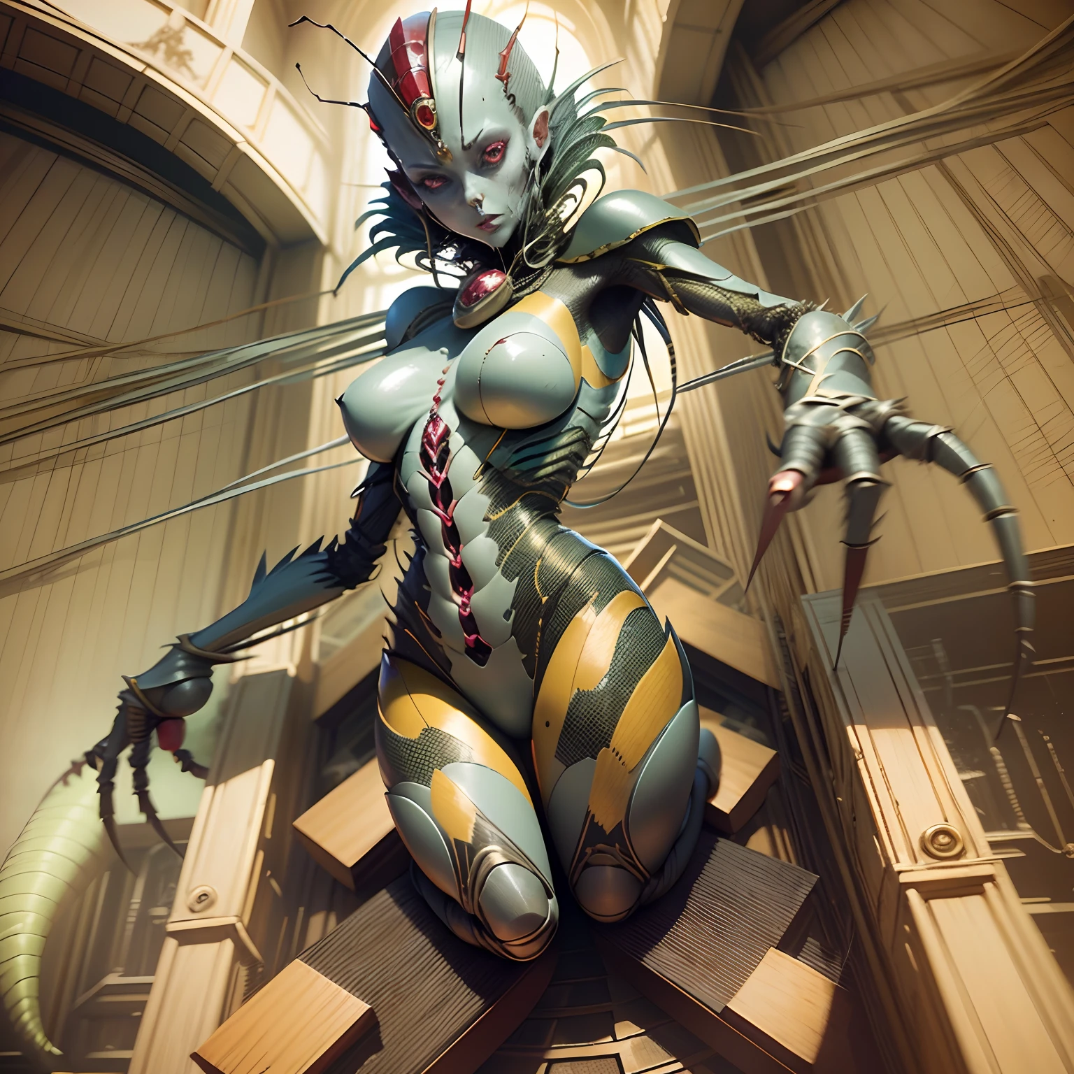 Cartoon photo of a woman in a praying mantis costume attacking with a sickle、Hot insect humanoid female、Guyver Style、Scarabeleploid、Cel Shade Adult Animation、Alien Queen、A woman who combines creepiness and beauty、Atrocious、offensive、brutality、Full body