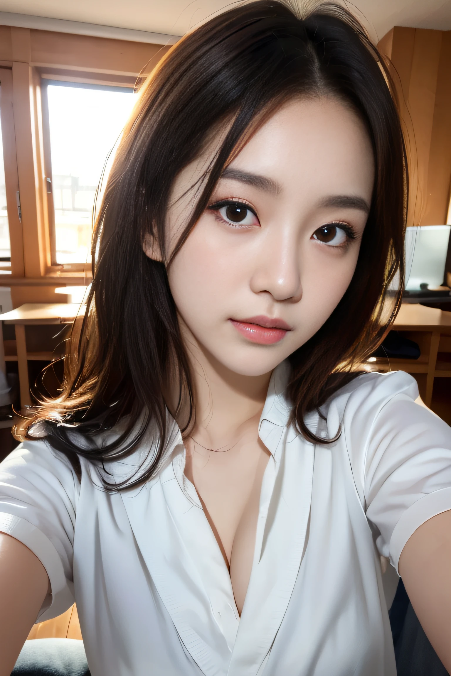 clothed、(photo real:1.4)、(Hyperrealistic:1.4)、(Realstic:1.3)、
(Smoother lighting:1.05)、(Improved lighting quality in movies:0.9)、32 k、
1GIRL、20 years old girl、Realistic Lighting、Backlit、Facial light、Ray Trace、(Brightening light:1.2)、(Increase quality:1.4)、
(Top Quality Real Texture Skin)、Fine eyes、finerly detailed face、
(Tired, sleepy and satisfied:0.0)、closeup on face、Student uniform:1.3、korean idol、Nogizaka Idol、hposing Gravure Idol
(Bodyline mood improvement:1.1)、Glossy skin、korean idol、Nogizaka Idol、hposing Gravure Idol、selfie