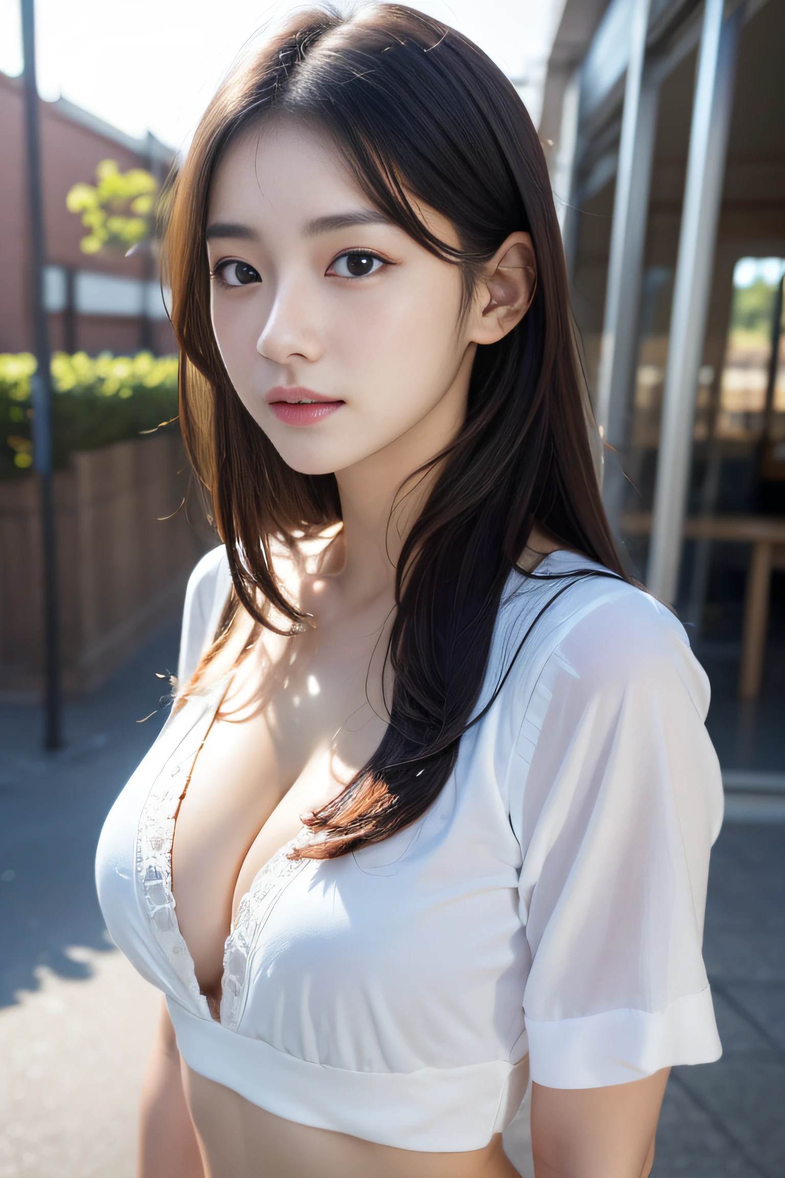 clothed、(photo real:1.4)、(Hyperrealistic:1.4)、(Realstic:1.3)、
(Smoother lighting:1.05)、(Improved lighting quality in movies:0.9)、32 k、
1GIRL、20 years old girl、Realistic Lighting、Backlit、Facial light、Ray Trace、(Brightening light:1.2)、(Increase quality:1.4)、
(Top Quality Real Texture Skin)、Fine eyes、finerly detailed face、
(Tired, sleepy and satisfied:0.0)、closeup on face、Student uniform:1.3、korean idol、Nogizaka Idol、hposing Gravure Idol
(Bodyline mood improvement:1.1)、Glossy skin、korean idol、Nogizaka Idol、hposing Gravure Idol、selfie