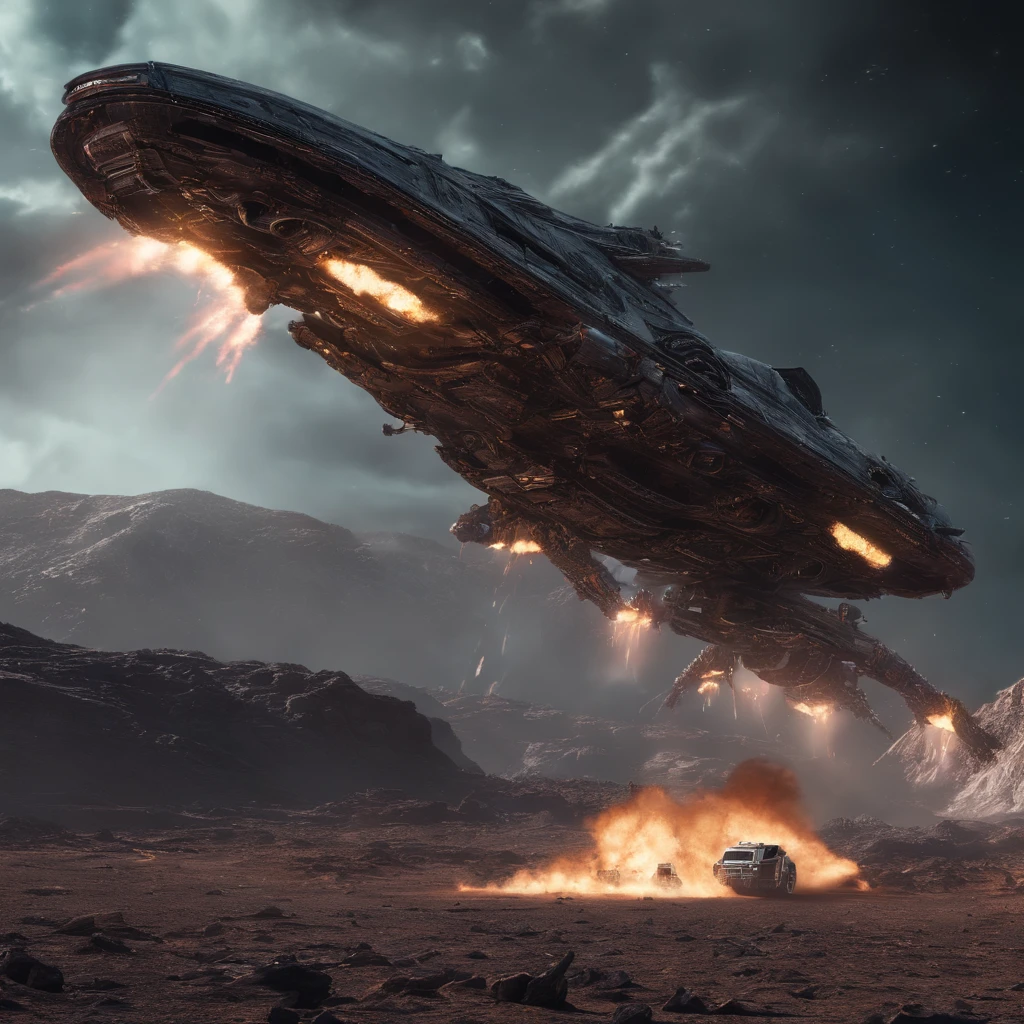 glossy phallic spaceship crash landing on alien planet, tentacles, smoke, explosion, muted color grading, sci-fi, horror, wide-angle shot