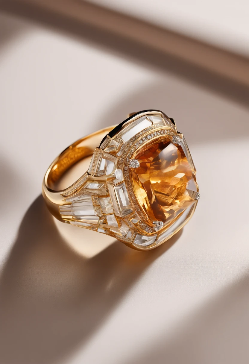 A close-up of the ring and ring shown on the table, jewelry photography, chaumet style, gemstones and gold, amber jewelry,Transparent columnar base,Light