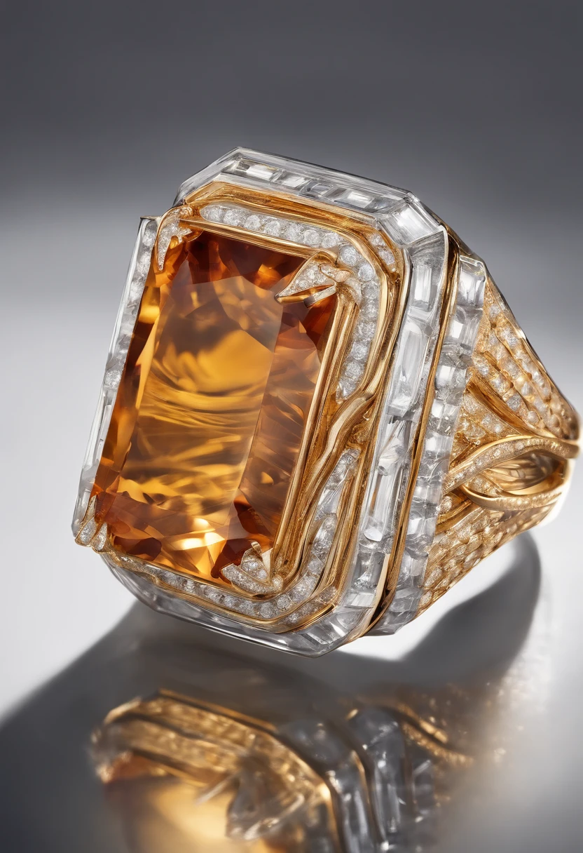 A close-up of the ring and ring shown on the table, jewelry photography, chaumet style, gemstones and gold, amber jewelry,Transparent columnar base,Light