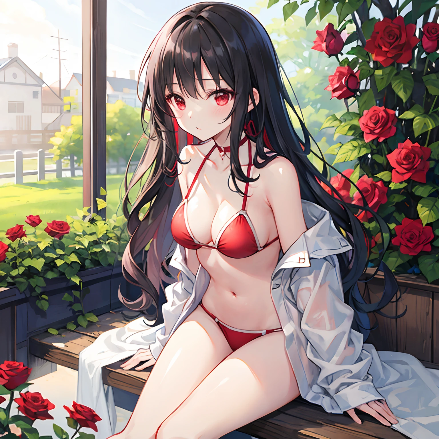 Wavy black hair、red eyes、Beautiful girl alone、red bikini、Bright red rose garden、 sitting on