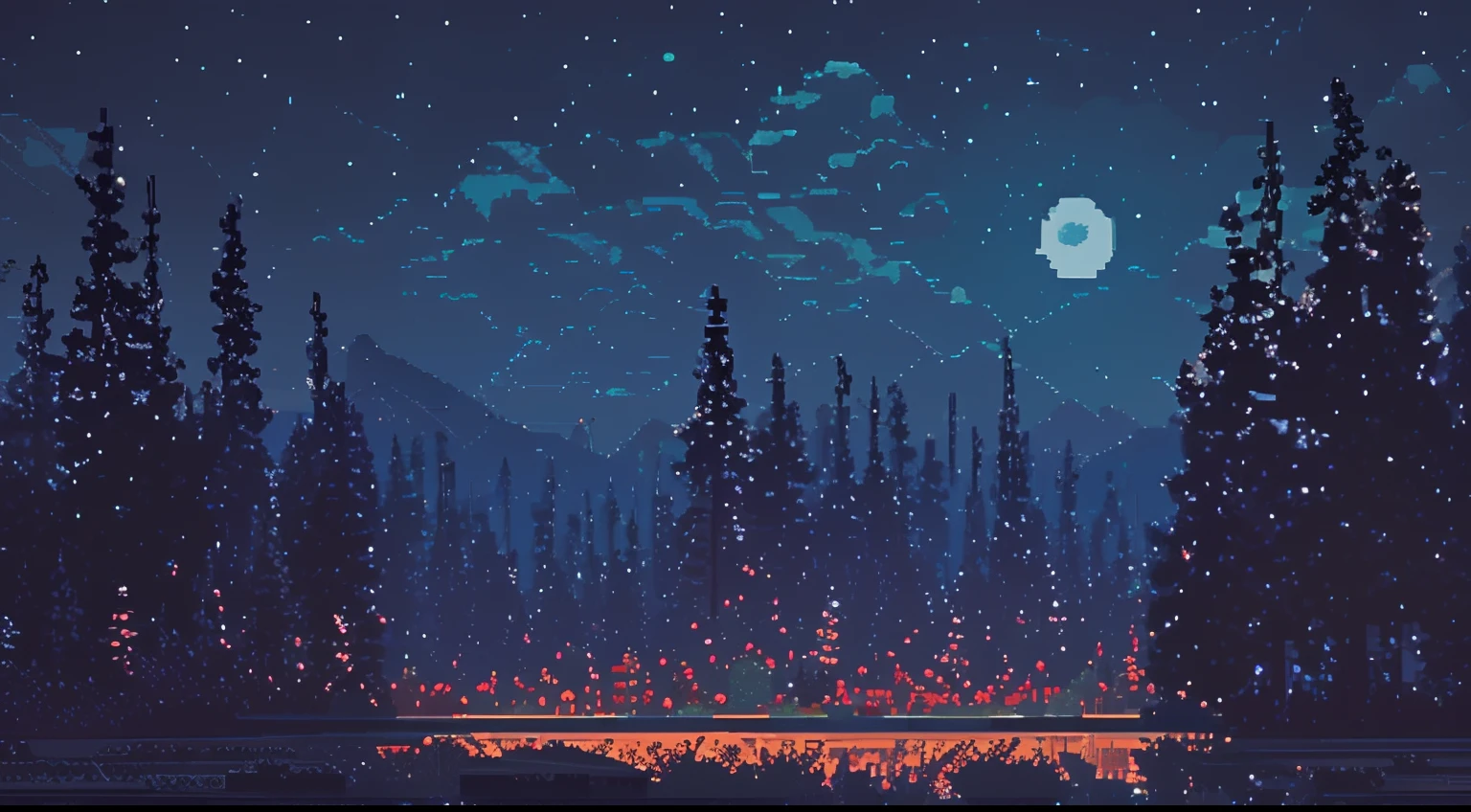 Pixel art midnight landscape, 3D pixel art 4K wallpaper, Incredible pixel art detail, Pixel art, Detailed Unreal Engine pixel art, Full moon sky, ln the forest，no light，Full of life，Vivid