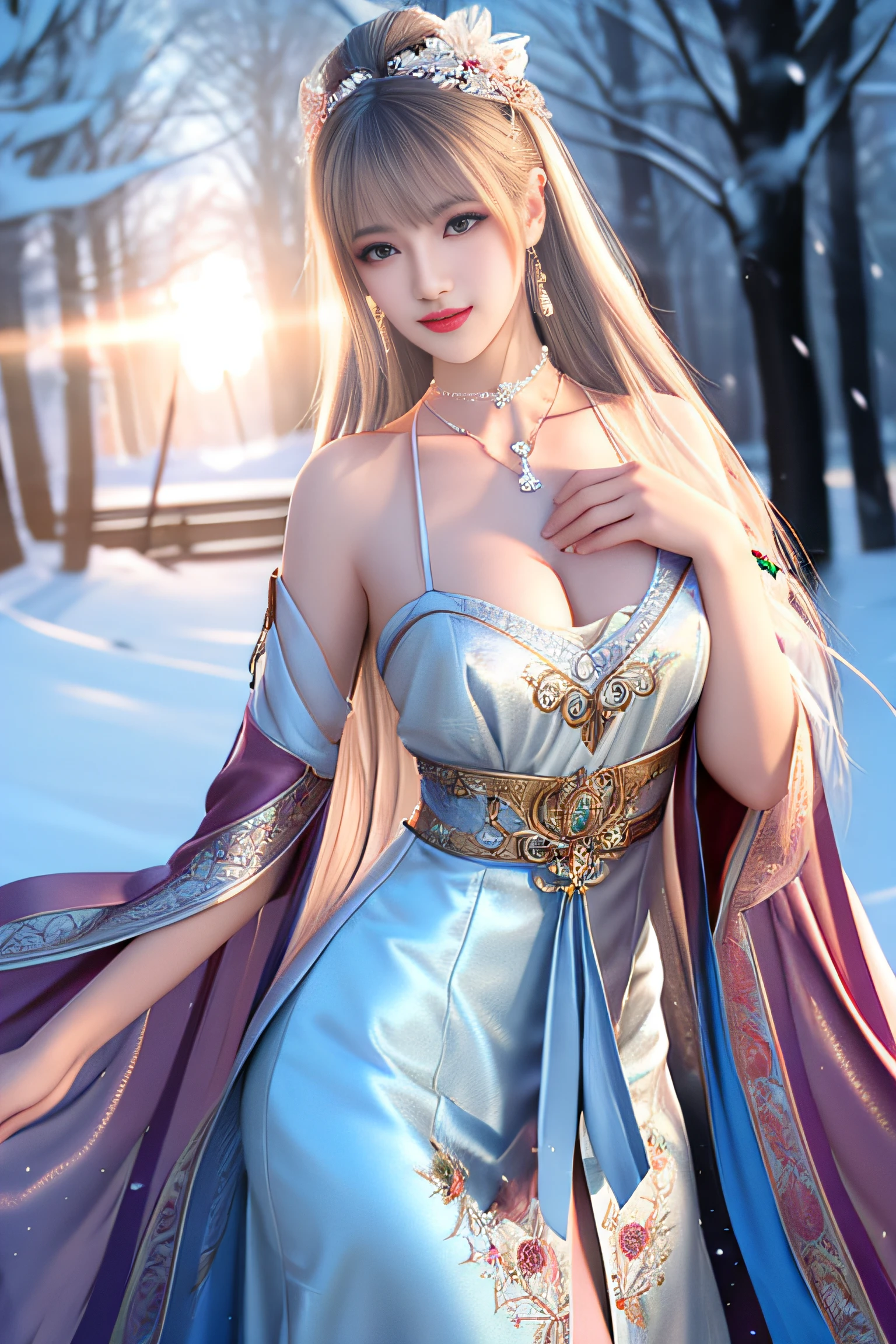 best qualityer，8K， tmasterpiece， A high resolution， 1girll， Clear silk porcelain dress， Fur coat， hair adornments，Delicate face shape，Perfect face shape， ssmile， Keep one's mouth shut， cparted lips，Large breasts，Shoulder， shift dresses， hair adornments， choker necklace， jewely， Chinese outfit， long whitr hair， 耳Nipple Ring， Detailed beautiful eyes， detailed eyelashes， beautiful  face，after sexing_Body，Slender and long legs， Tyndall effect，realisticlying， edge lit， twotonelighting，（highdetailskin：1.2）， 8K, Ultra HD， digital SLR camera， gentle illumination， high high quality， Volumetriclighting， Frankness， photore， A high resolution， Bokeh， at a forest， Falling snow， Winters， in the afternoon