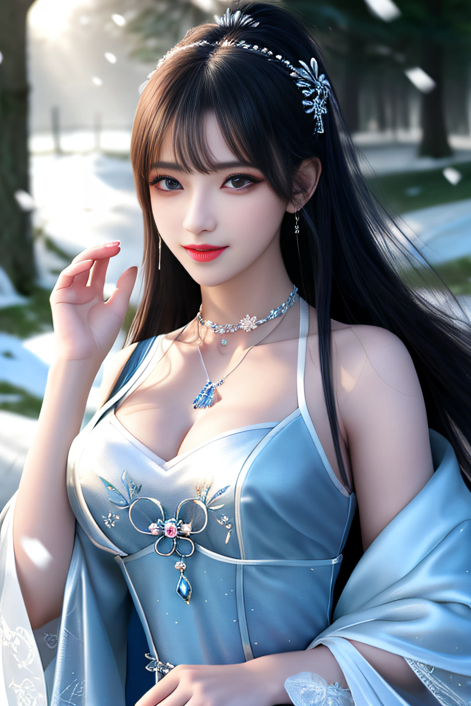 best qualityer,8K, tmasterpiece, A high resolution, 1girll, Clear silk porcelain dress, Fur coat, hair adornments, ssmile, Keep one's mouth shut, cparted lips,Large breasts,Shoulder, shift dresses, hair adornments, choker necklace, jewely, Chinese outfit, long whitr hair, 耳Nipple Ring, Detailed beautiful eyes, detailed eyelashes, beautiful face,after sexing_Body, Tyndall effect,realisticlying, edge lit, twotonelighting,(highdetailskin:1.2), 8K, Ultra HD, digital SLR camera, gentle illumination, high high quality, Volumetriclighting, Frankness, photore, A high resolution, Bokeh, at a forest, Falling snow, Winters, in the afternoon