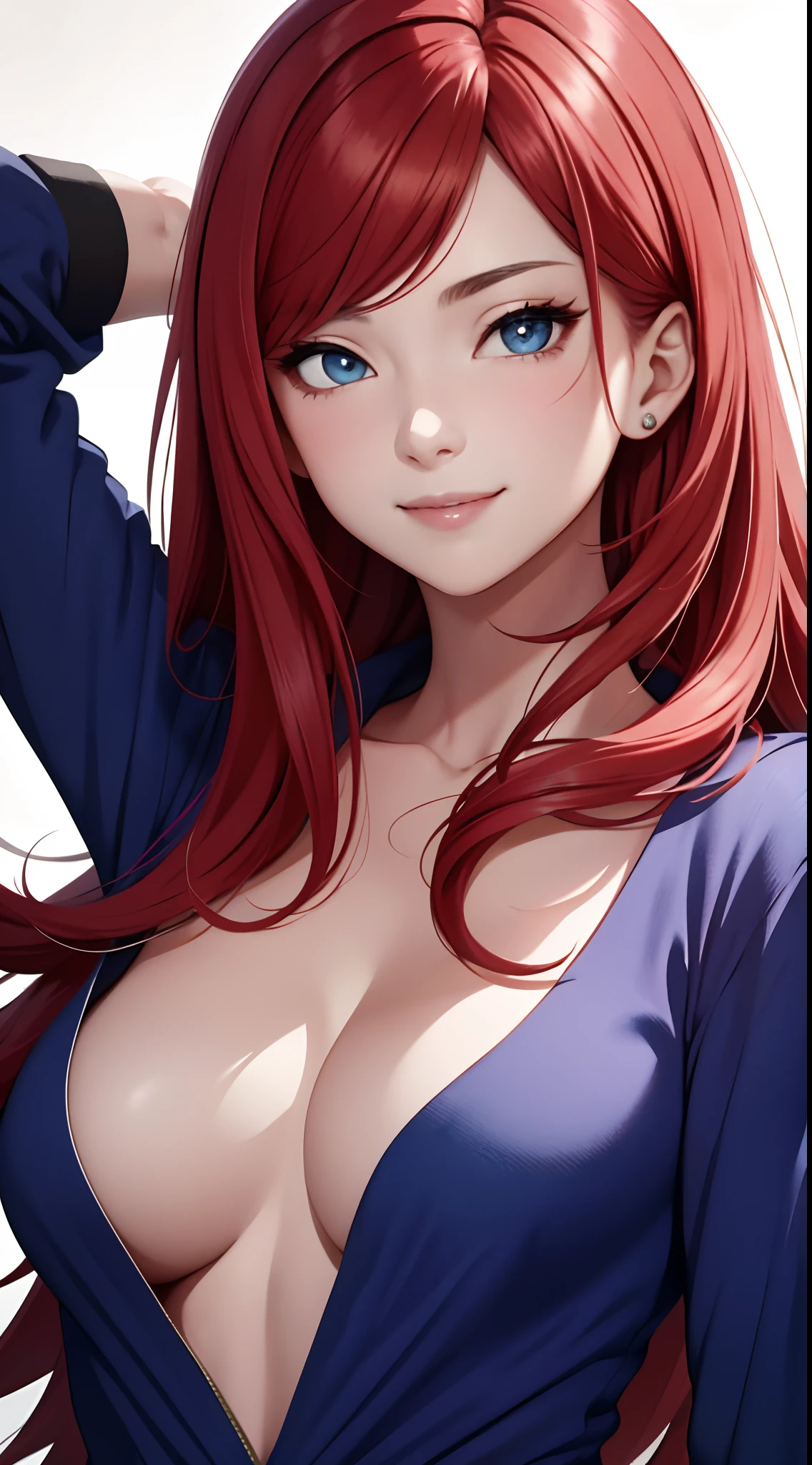 (Masterpiece), Expressive eyes, Perfect face, 1 girl, Smile, ，cleavage，red tinted hair，looks into camera，blue clothes