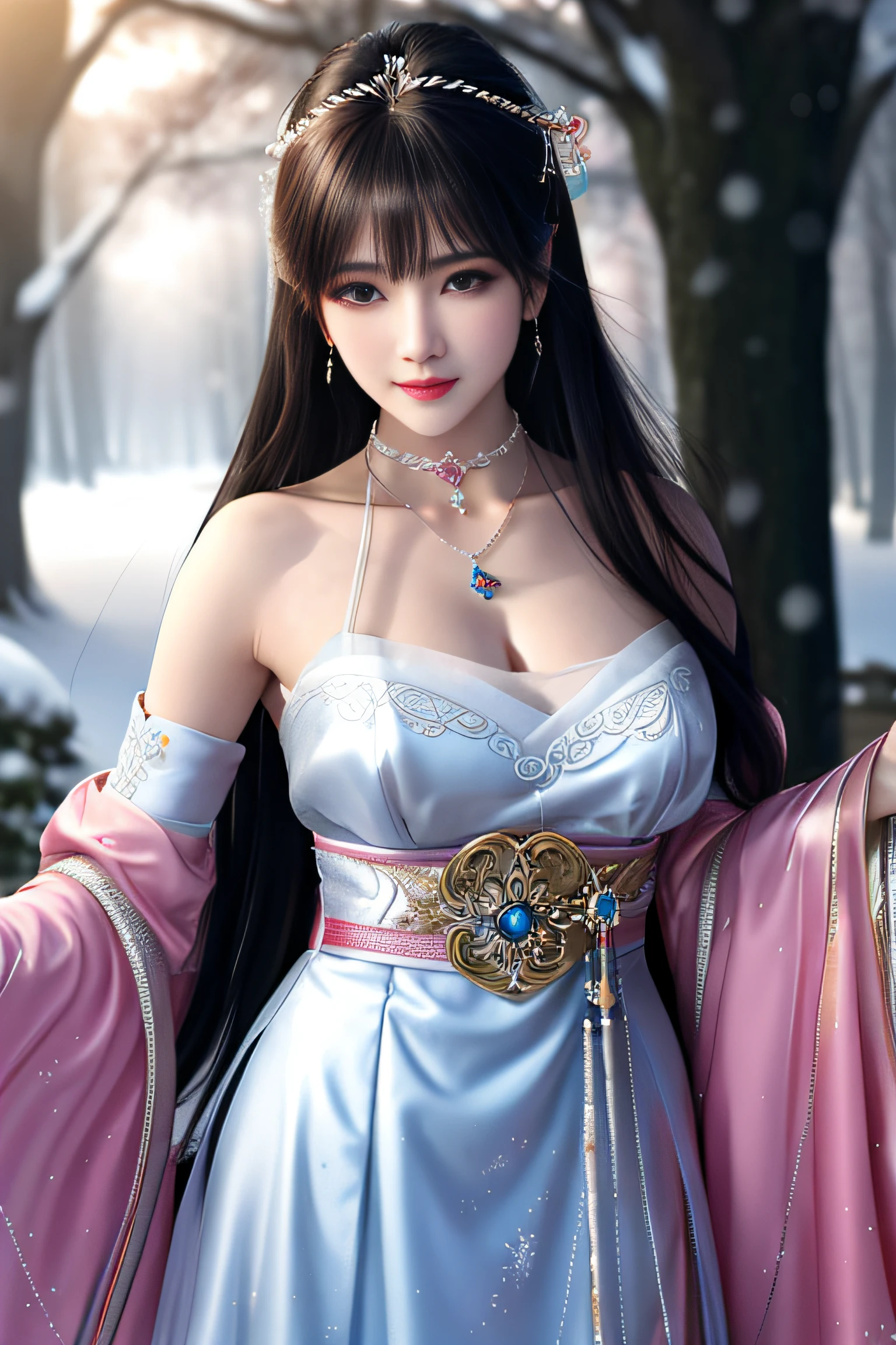 best qualityer，8K， tmasterpiece， A high resolution， 1girll， Clear silk porcelain dress， Fur coat， hair adornments， ssmile， Keep one's mouth shut， cparted lips，Large breasts，Shoulder， shift dresses， hair adornments， choker necklace， jewely， Chinese outfit， long whitr hair， 耳Nipple Ring， Detailed beautiful eyes， detailed eyelashes， beautiful  face，after sexing_Body， Tyndall effect，realisticlying， edge lit， twotonelighting，（highdetailskin：1.2）， 8K, Ultra HD， digital SLR camera， gentle illumination， high high quality， Volumetriclighting， Frankness， photore， A high resolution， Bokeh， at a forest， Falling snow， Winters， in the afternoon