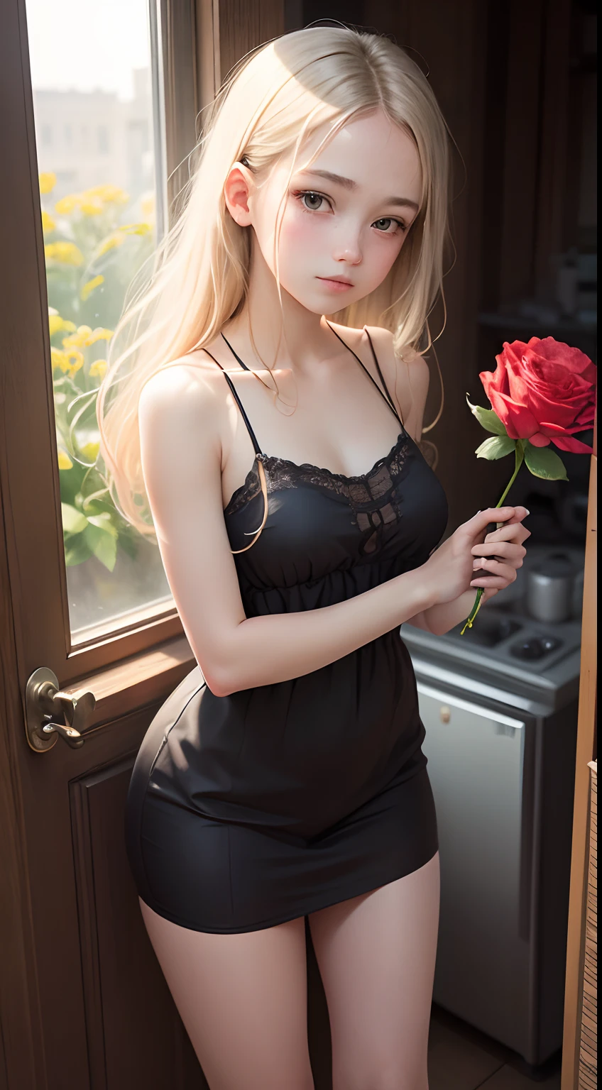 (Best quality, Masterpiece:1.2), 1 girl, Play solo songs, Wearing a black dress, Standing barefoot, Hold a mirror, with white hair, Red eyes, Holding a rose, Close lips, Sit on the top half of the machine, A red dreamcatcher hung from the back, Red spider lily, High-end paper-cut artwork --auto