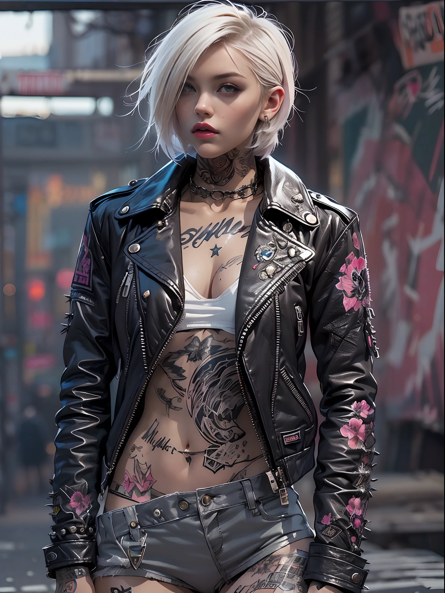 (((of the highest quality: 1.4))),(unparalleled masterpiece ever), (Ultra high definition),(Ultra-realistic 8K CG), offcial art、 (((adult body))), (((1girl in))), ((( Bob Shorthair ))), Punk girl with a perfect body, Jacket with metal spines,Beautiful and well-groomed face,,Detailed punk fashion,leather jackets, (Image from head to thigh),(( White Blonde Bob Shorthair )), Small leather panties, Simon Bisley's urban savage style,Detailed street background of London,Clean abs, Complex graphics, dark pink with white stars and gray and white stripes,,, (( Many poisonous tattoos )), piercings,