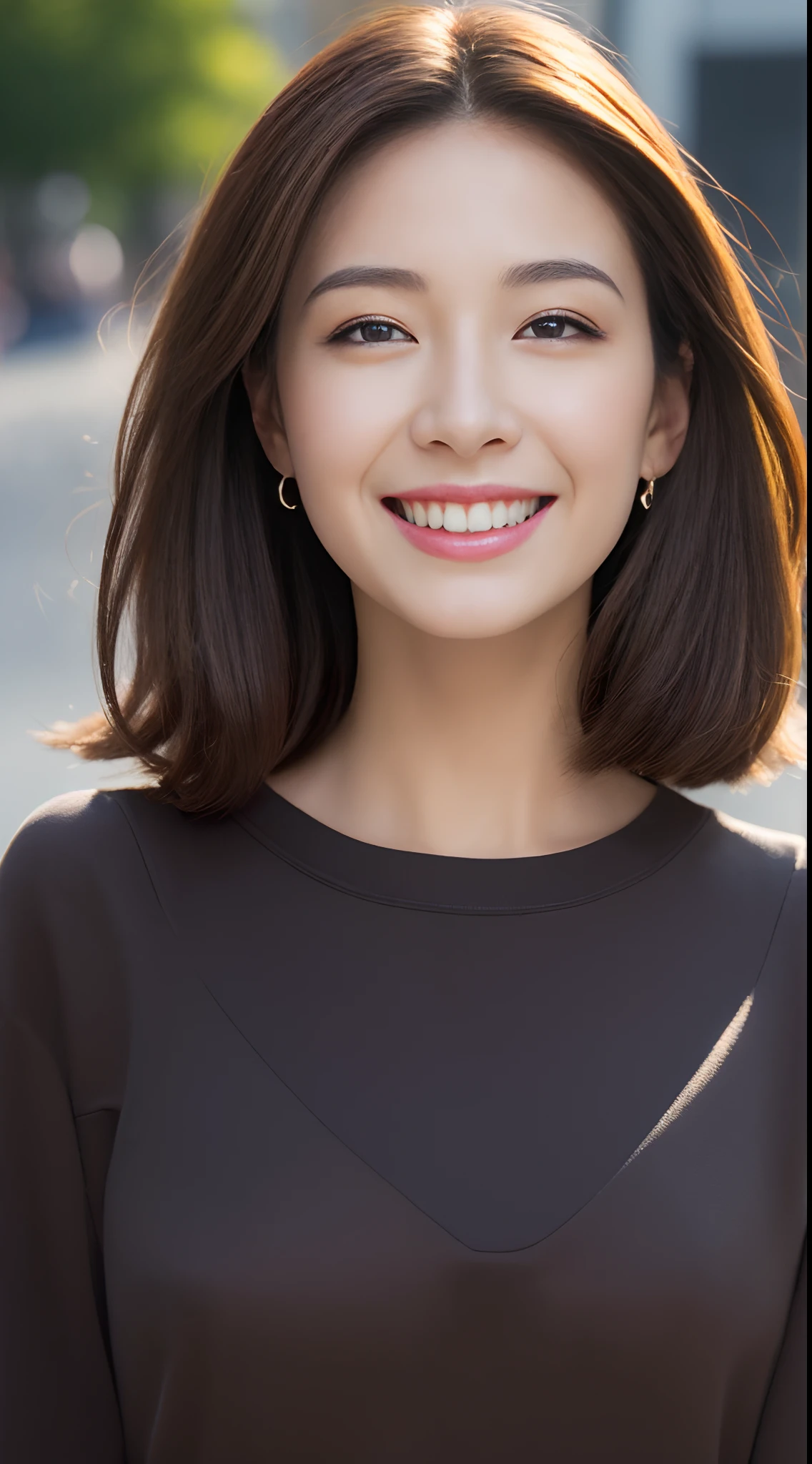 (top-quality、hight resolution、​masterpiece:1.3)、Beautuful Women、Colossal tits、slim figure、(Short dark brown hair)、Sweatshirt、Beautifully rendered details on the street, Face and skin texture、A detailed eye、二重まぶた、big eye,A smile