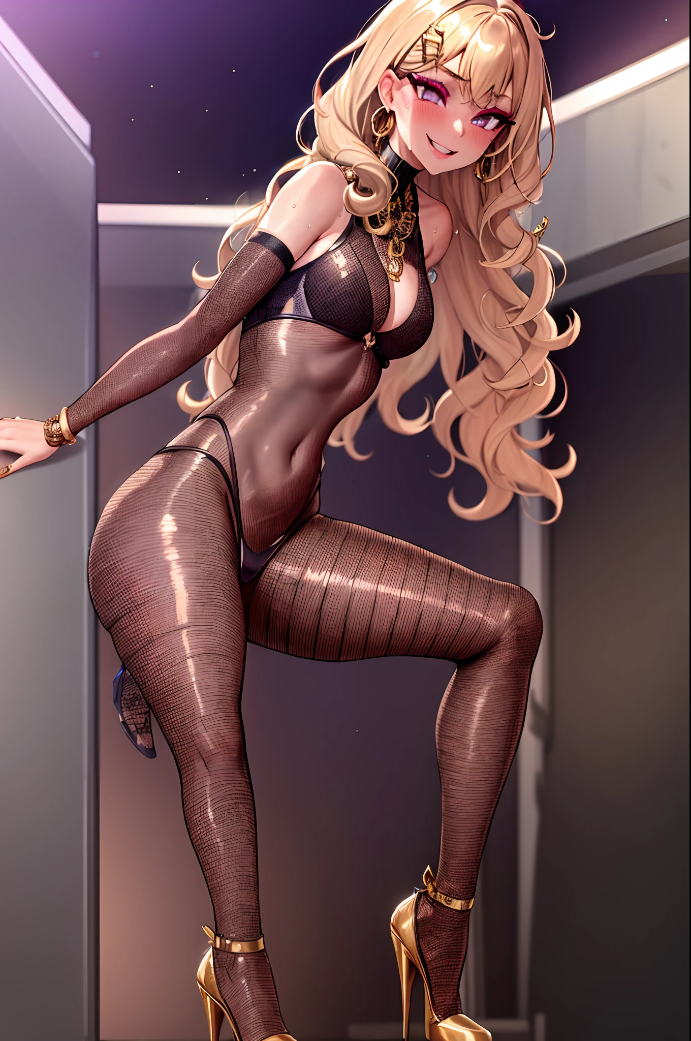 1girl, solo, arms behind head, squatting, spread legs, whore outfit, blonde, curly hair, makeup, thick eyebrows, smile, shiny grossy skin, jewelry, golden, earrings, hair ornament, sweat, oii, highheels, (in public:1.2), crowd, party venue, masterpiece, official, best quality, high resolution, all intricate,