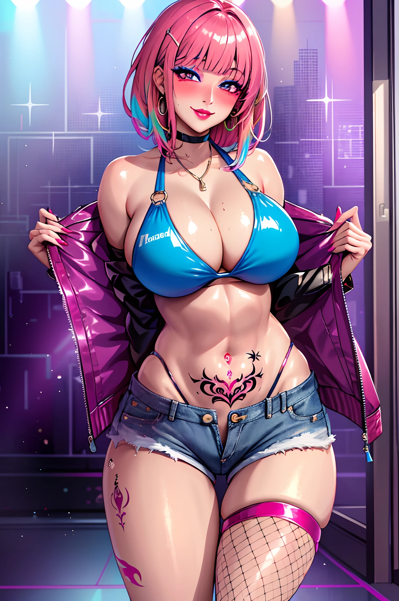 masterpiece, best quality, 1girl, solo, (upper body), nishizumi shiho, blunt bangs, makeup, smile, cleavage, whore outfit, blushing, fat lips, lipstick, curvy body, bikini top, jacket, jeans pants, short shorts, tattoo, navel, (nightclub), club, shiny floor, colorful, ray tracing,