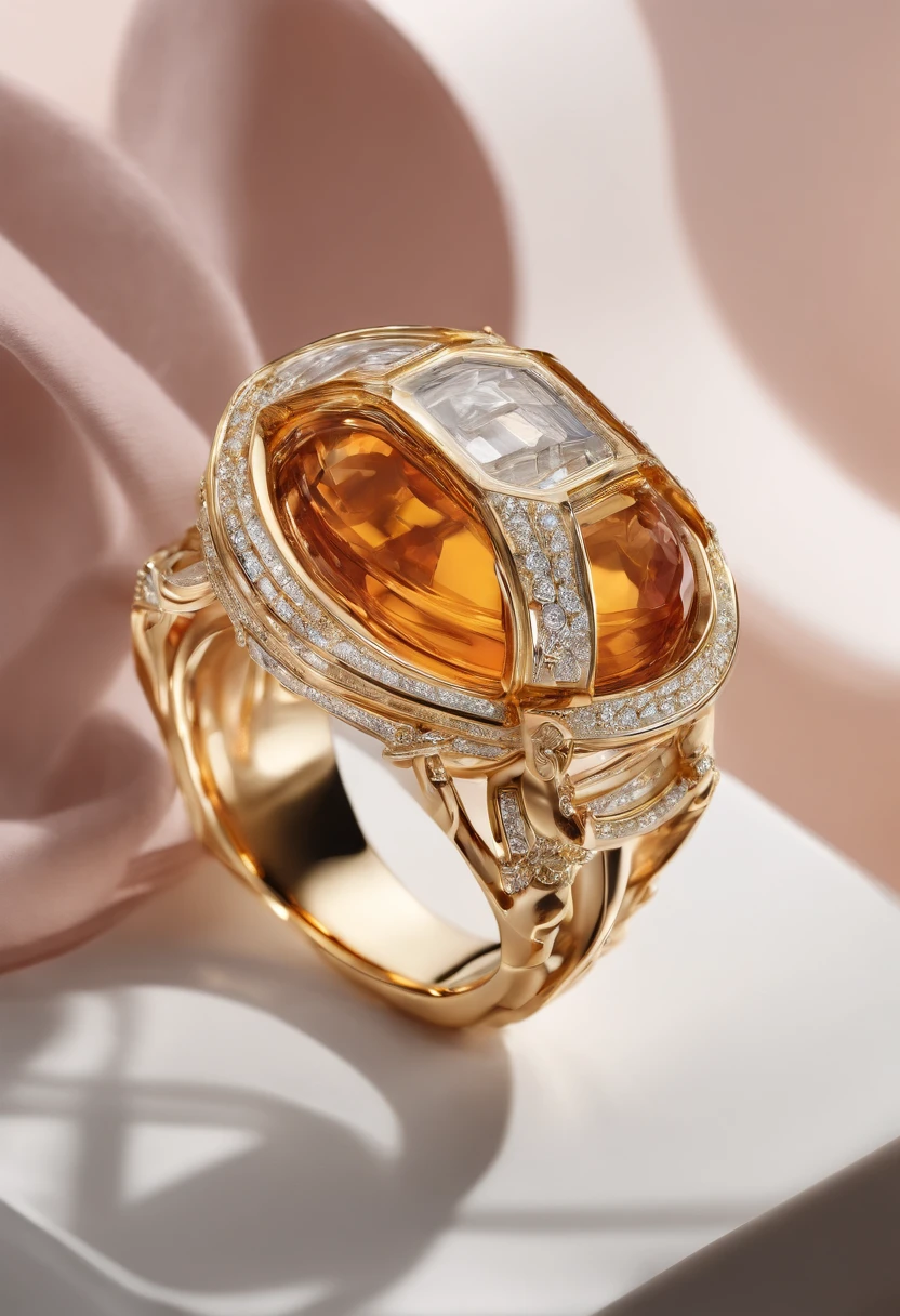 Close-up of rings and rings, jewelry photography, chaumet style, gemstones and gold, amber jewelry,Transparent columnar base,Light,lightand shade contrast