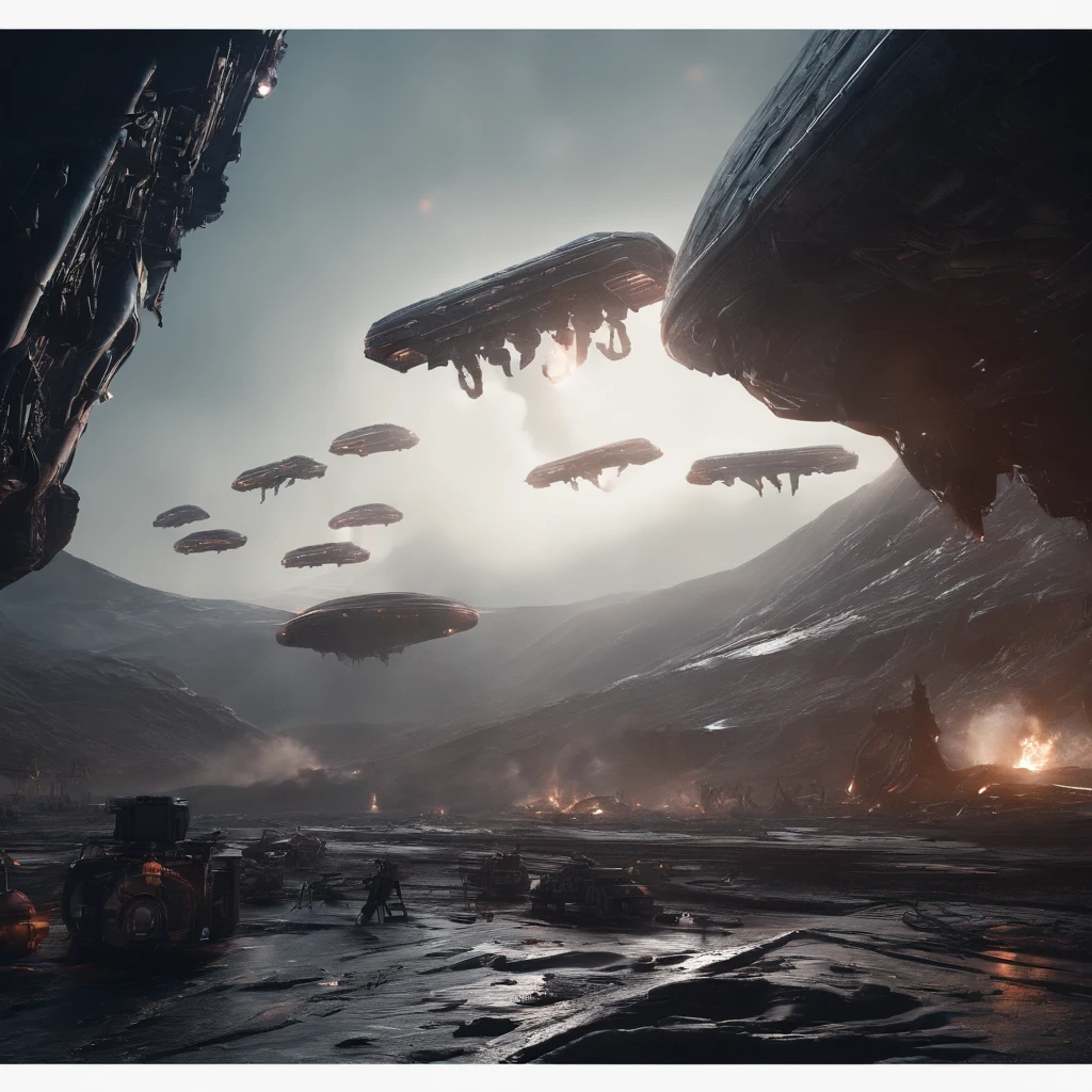 Cinematic scene，The spaceship was attacked, Dense warplanes,Destruction and volumetric lighting,Very detailed.)